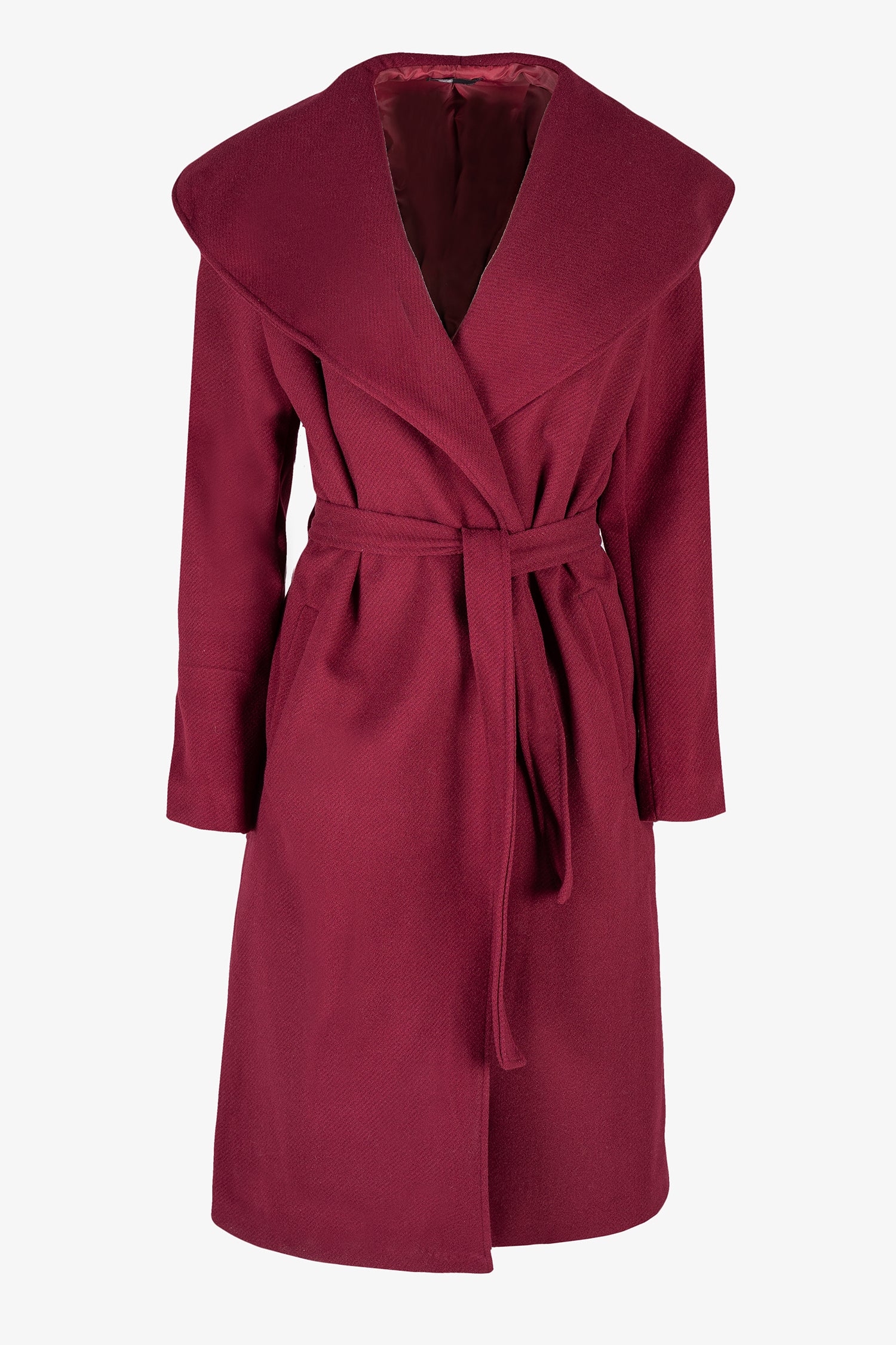 Women's woven long coat, with an oversized shawl collar, side seam pockets and a belt closure system