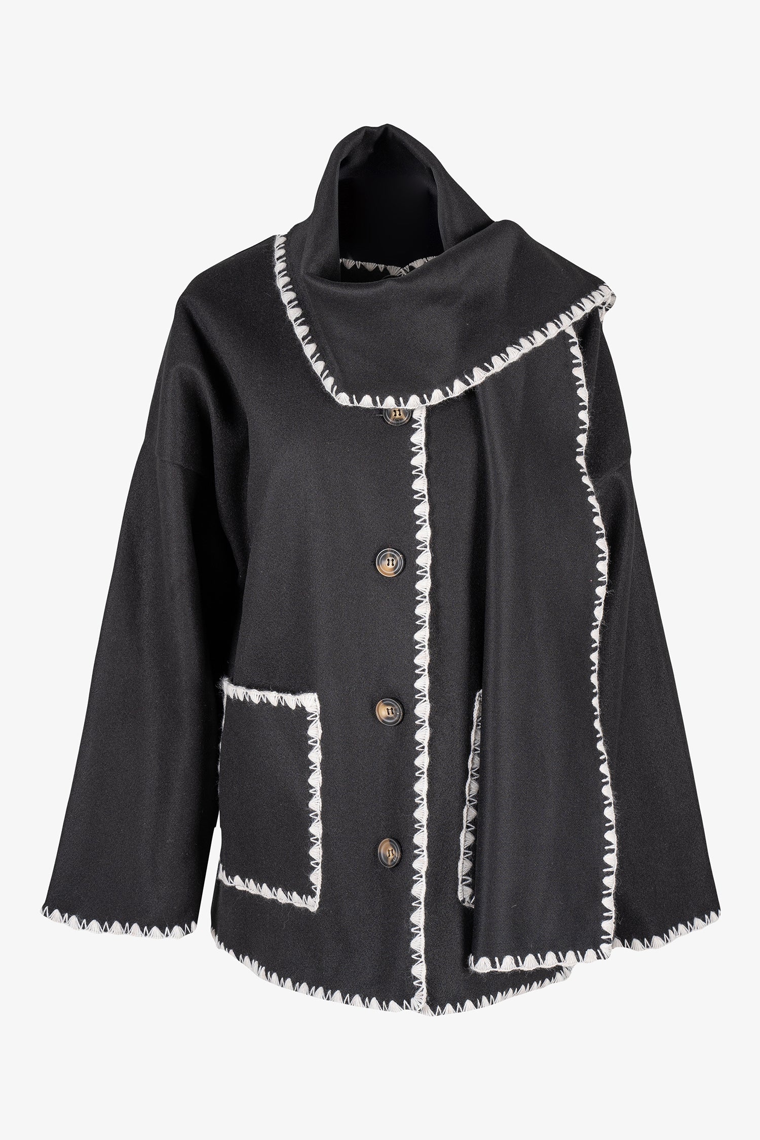 Women's woven button-down hip-length coat, with decorative stitching, patch pockets, and a usable attached scarf