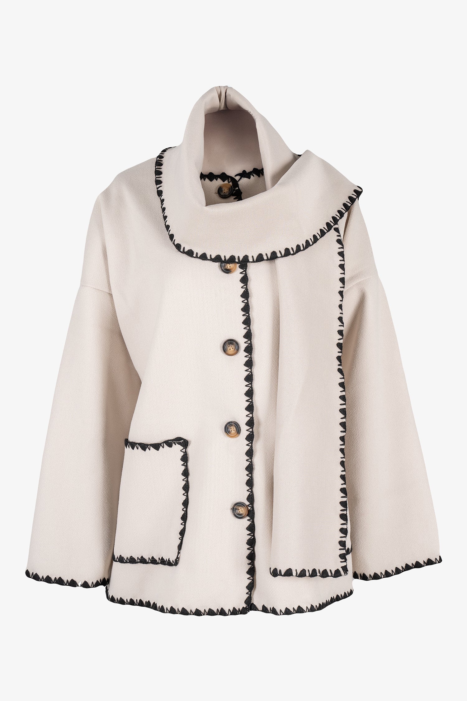 Women's woven button-down hip-length coat, with decorative stitching, patch pockets, and a usable attached scarf