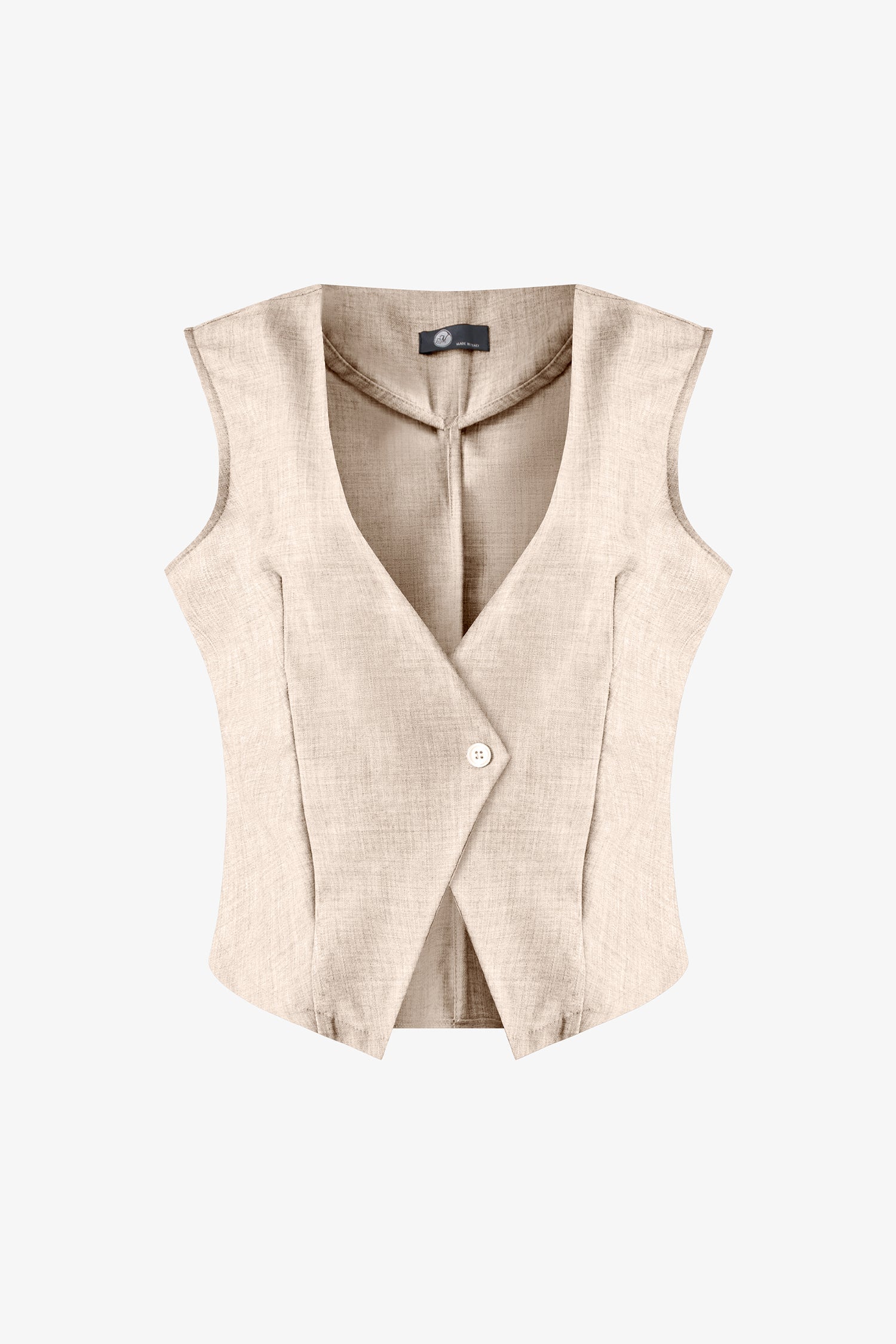 Women’s woven sleeveless vest with a v-neckline and a front button closure