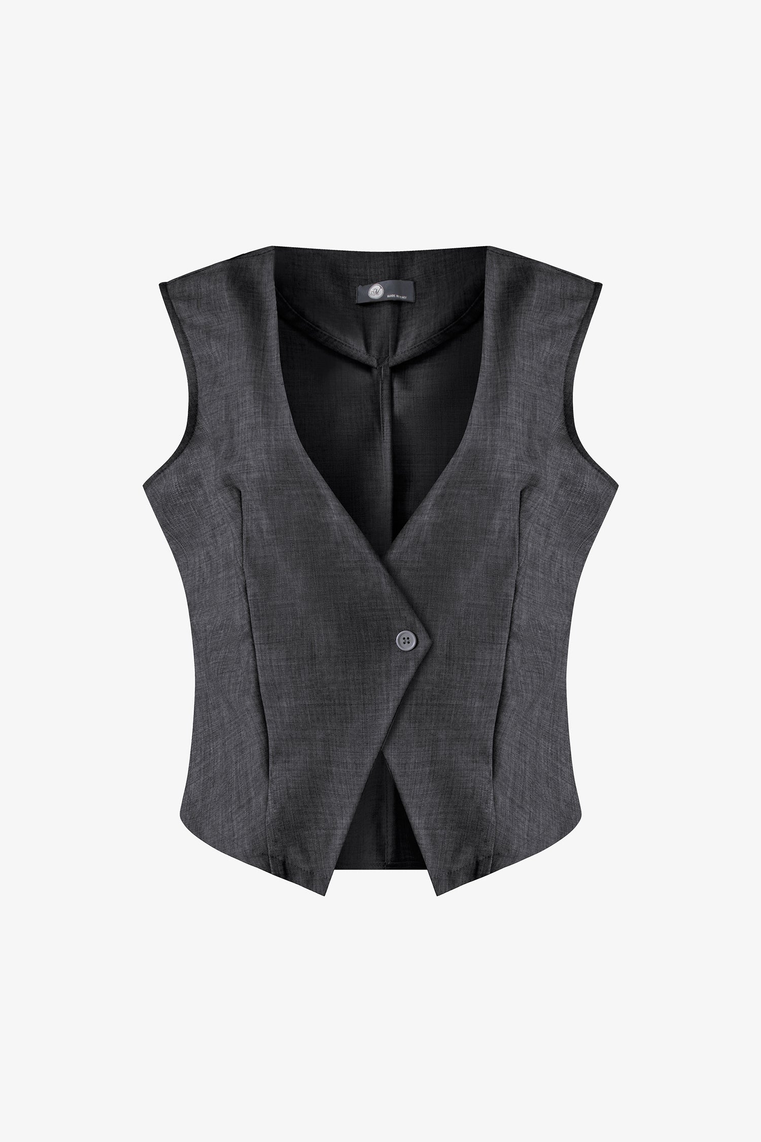 Women’s woven sleeveless vest with a v-neckline and a front button closure
