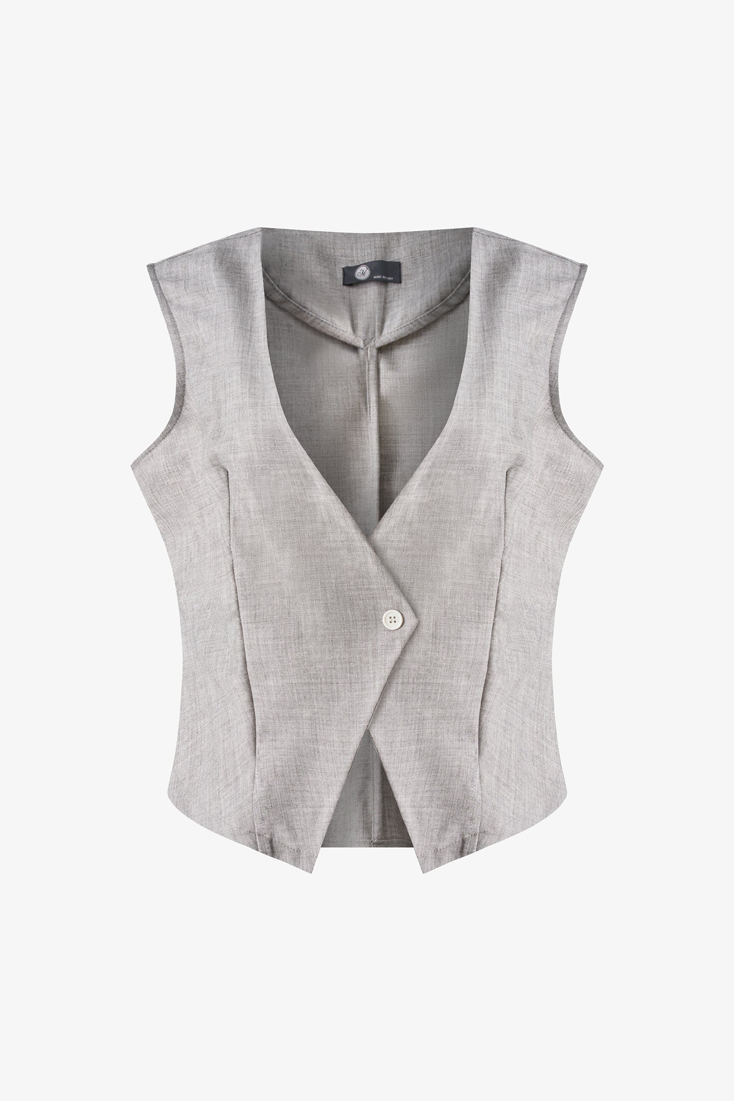 Women’s woven sleeveless vest with a v-neckline and a front button closure