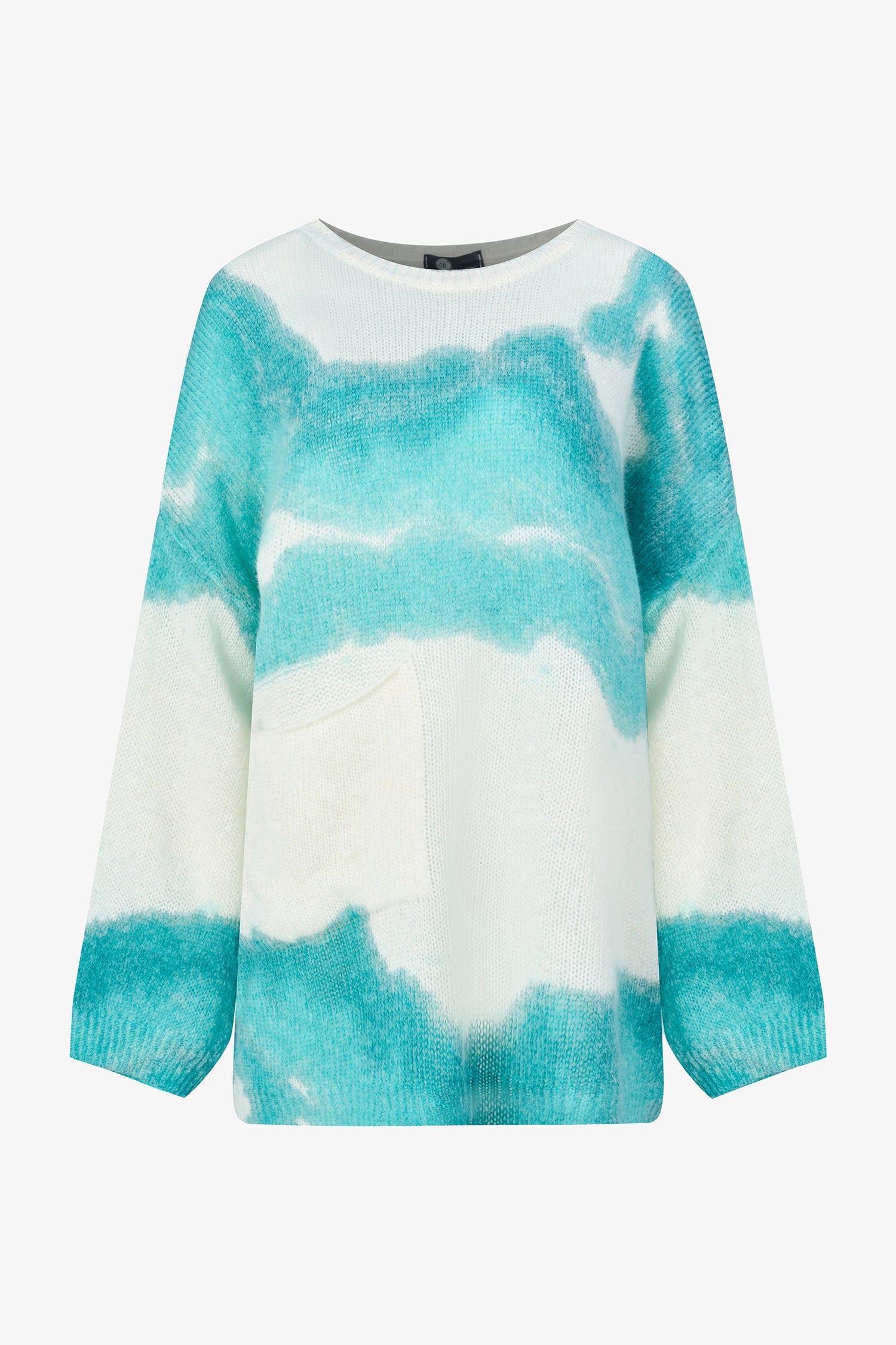 Women's wide crew-neck sweater, with oversized patch pocket & spray-paint artwork