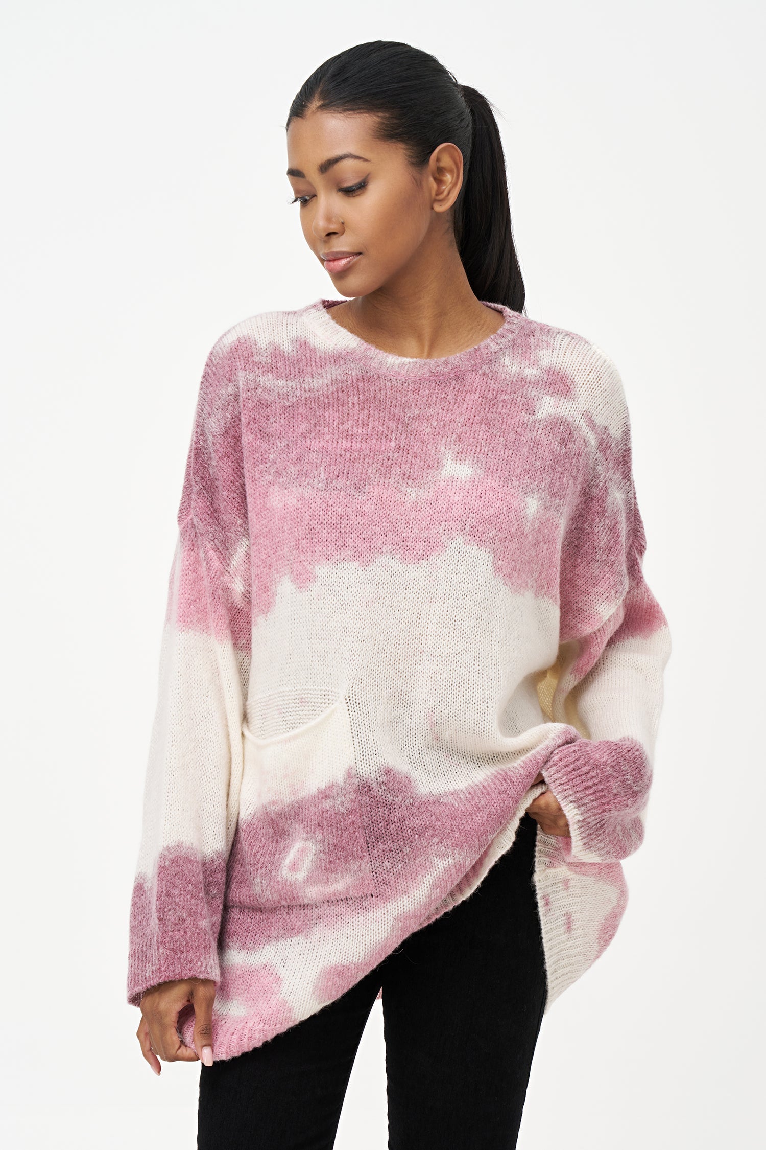 Women's wide crew-neck sweater, with oversized patch pocket & spray-paint artwork