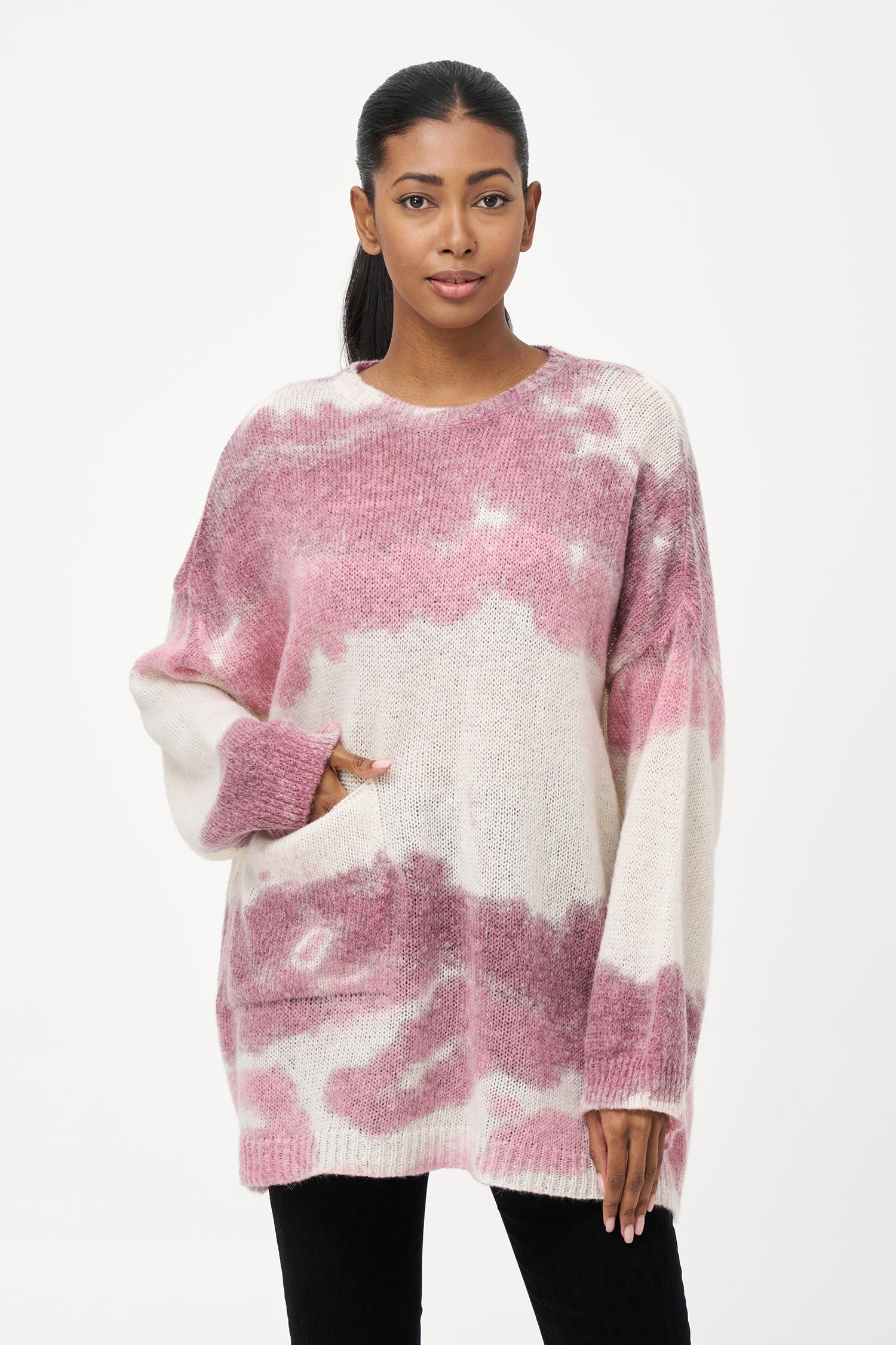 Women's wide crew-neck sweater, with oversized patch pocket & spray-paint artwork