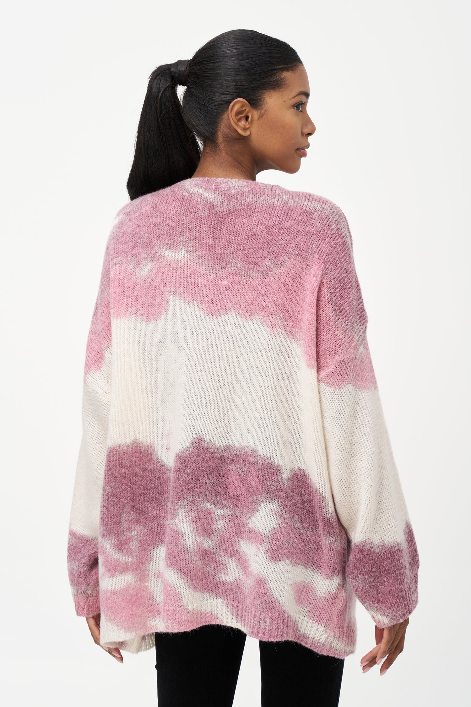 Women's wide crew-neck sweater, with oversized patch pocket & spray-paint artwork