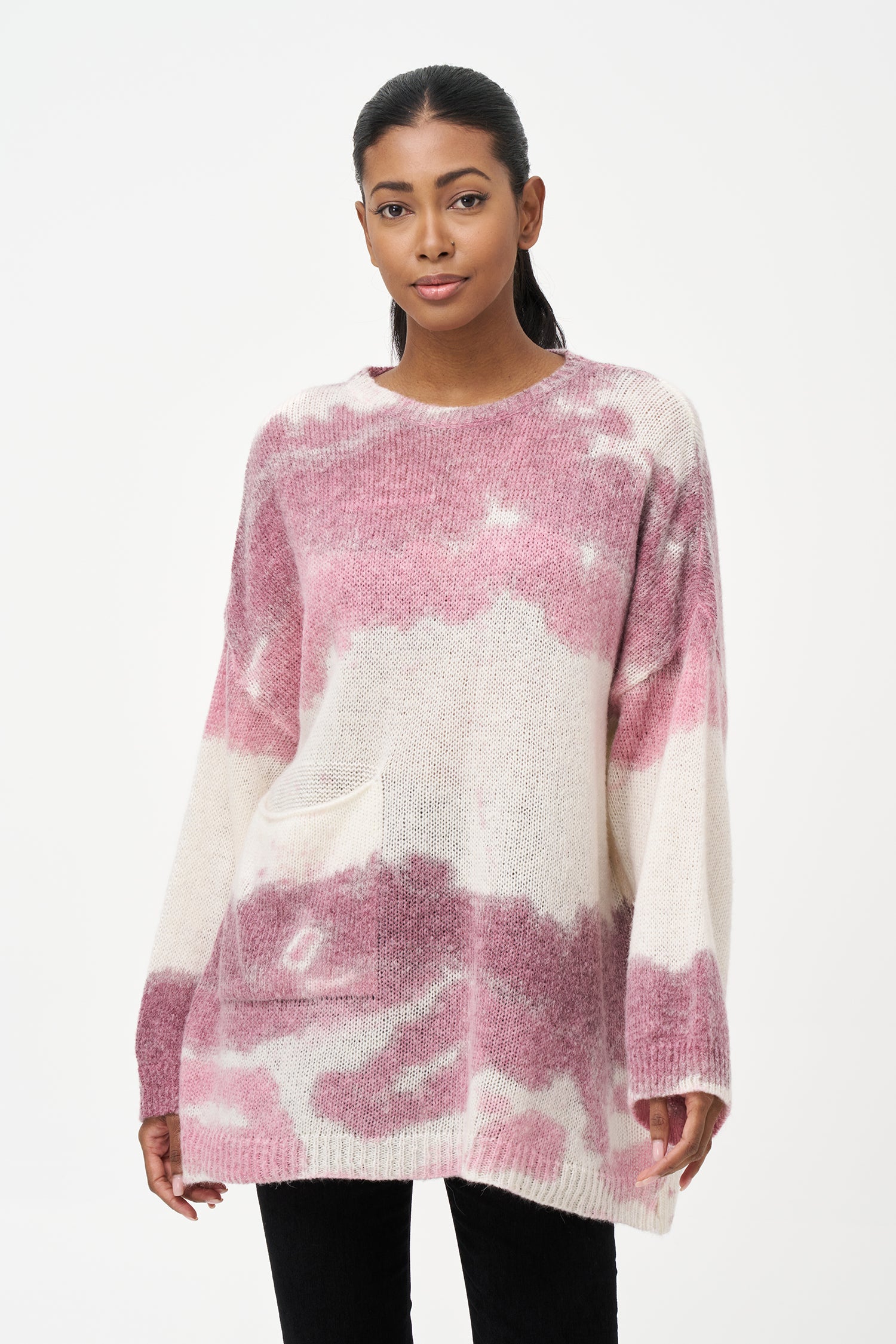 Women's wide crew-neck sweater, with oversized patch pocket & spray-paint artwork