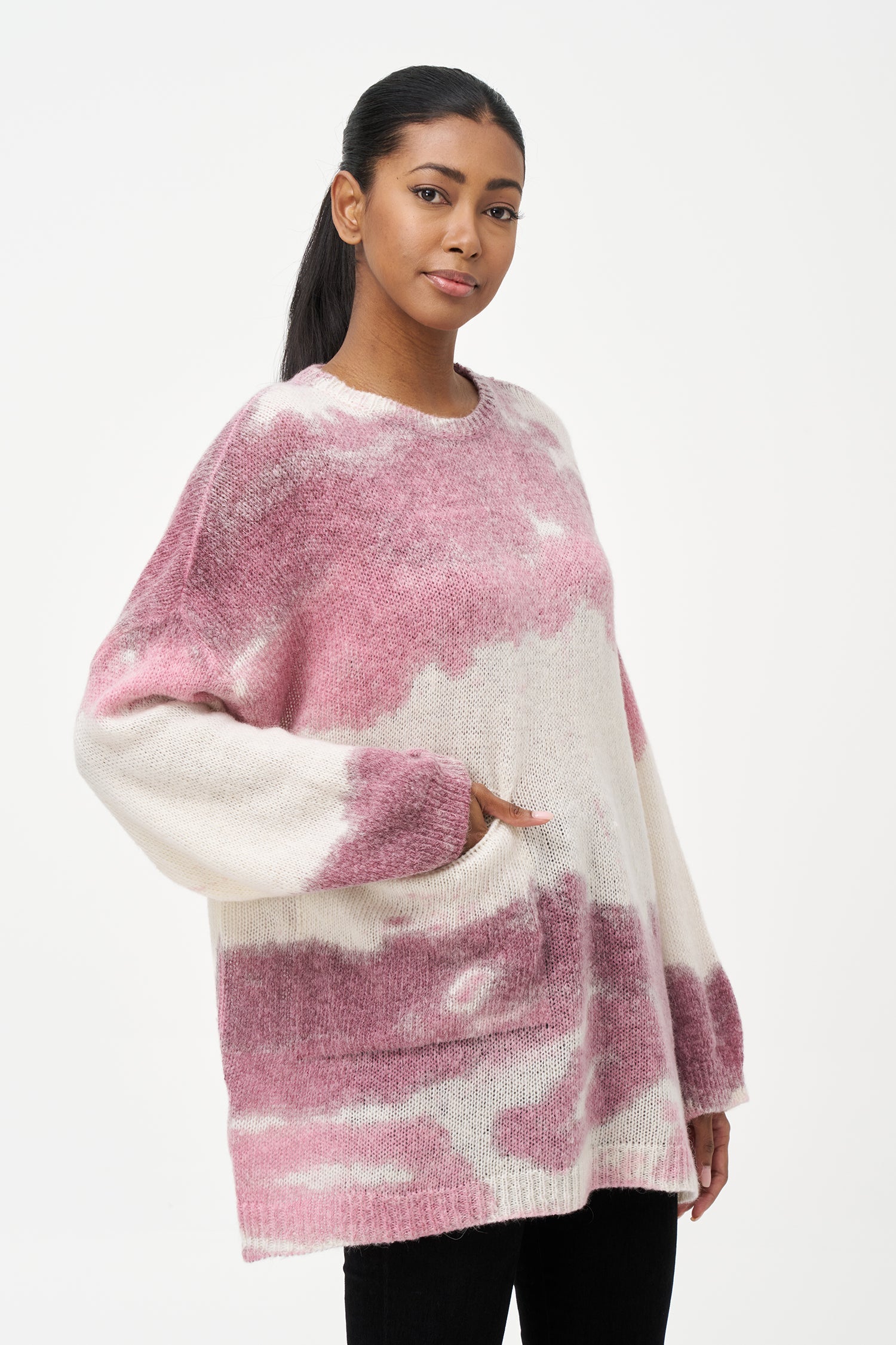 Women's wide crew-neck sweater, with oversized patch pocket & spray-paint artwork