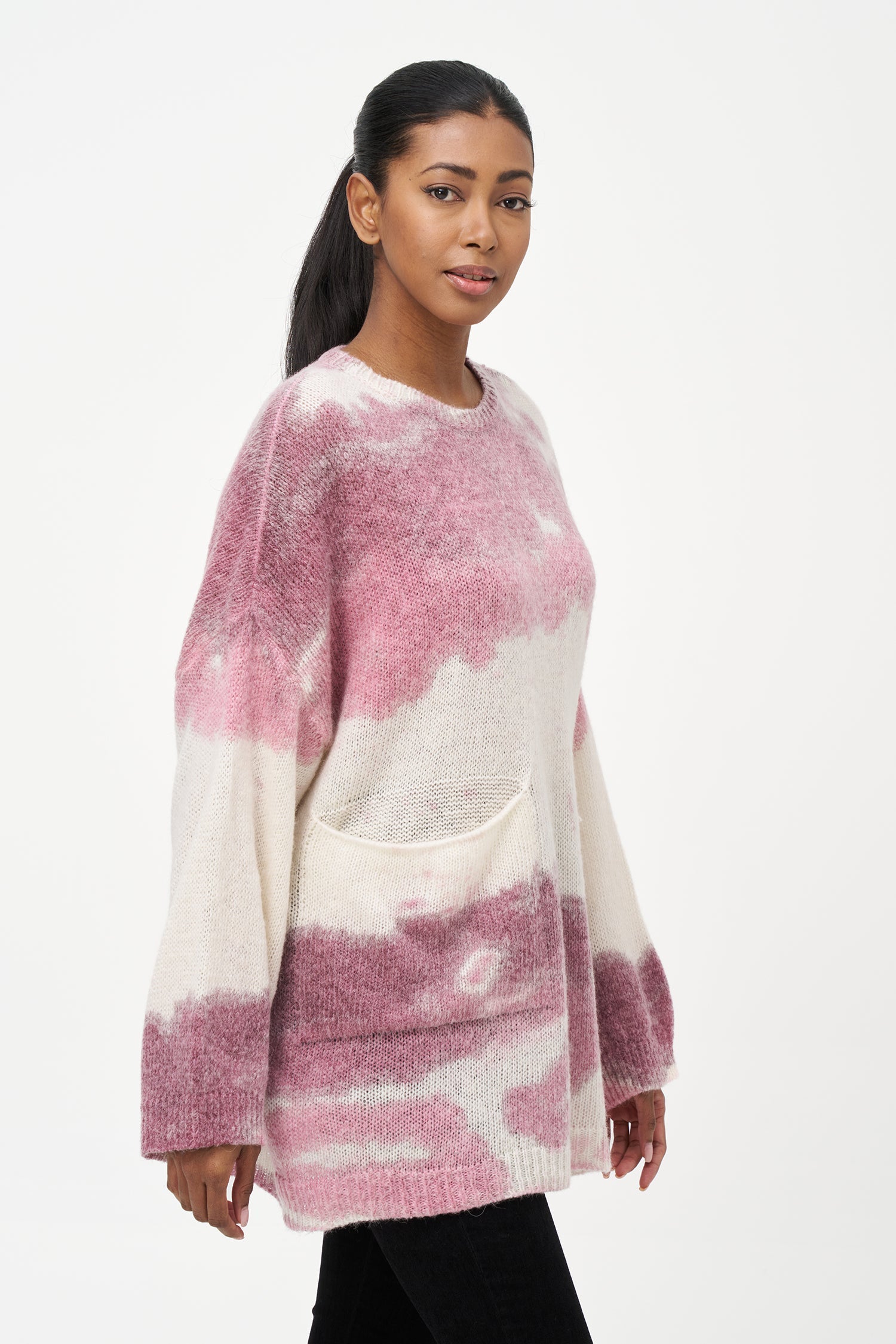 Women's wide crew-neck sweater, with oversized patch pocket & spray-paint artwork