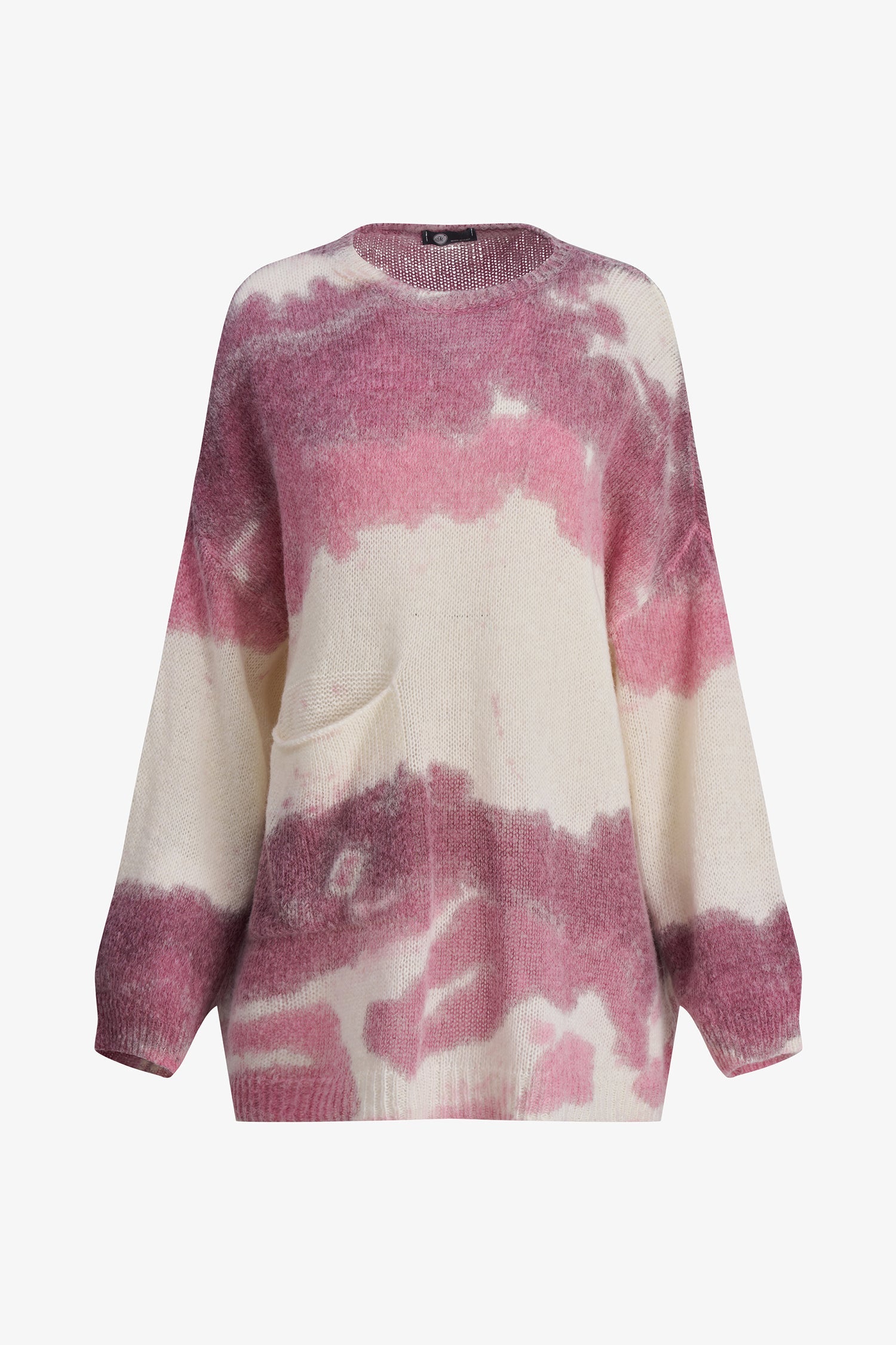 Women's wide crew-neck sweater, with oversized patch pocket & spray-paint artwork
