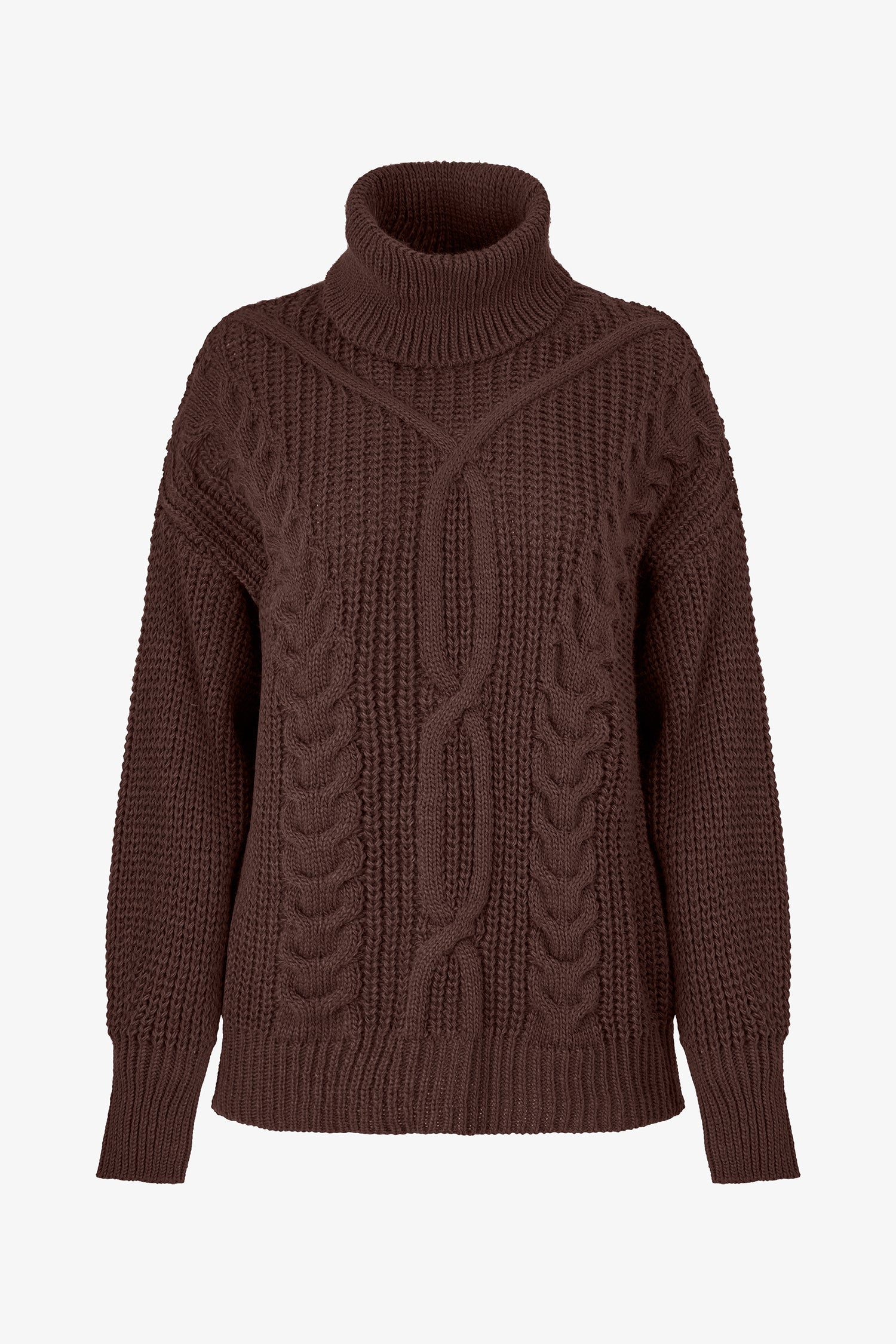 Women’s knit long sleeve turtle-neck sweater, with a front cable detailing