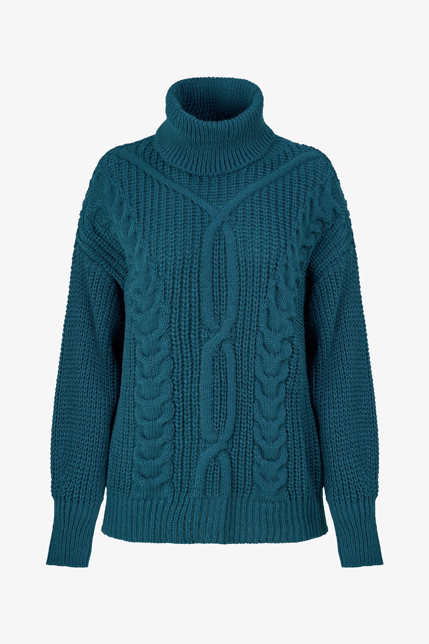 Women’s knit long sleeve turtle-neck sweater, with a front cable detailing