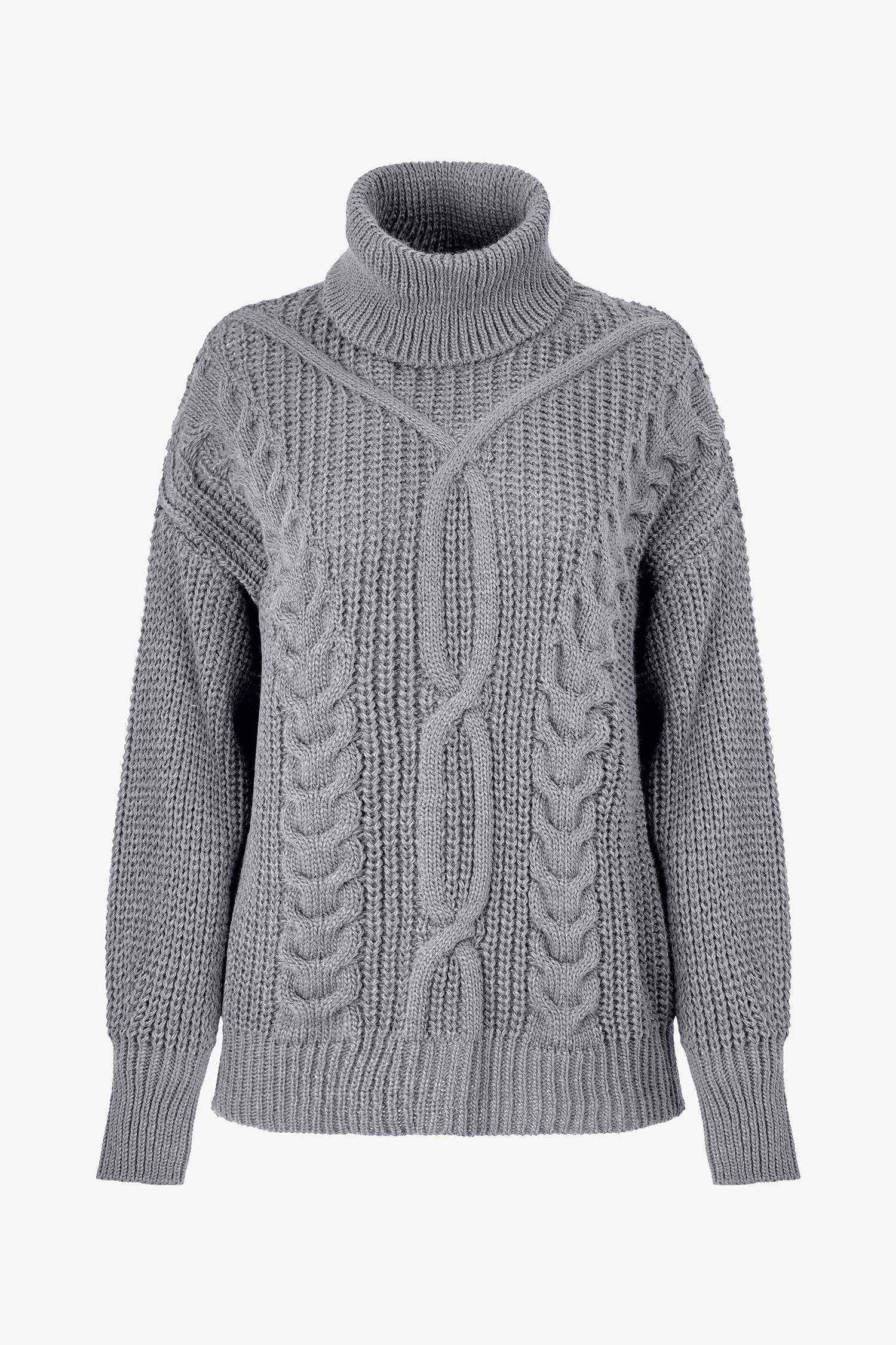 Women’s knit long sleeve turtle-neck sweater, with a front cable detailing