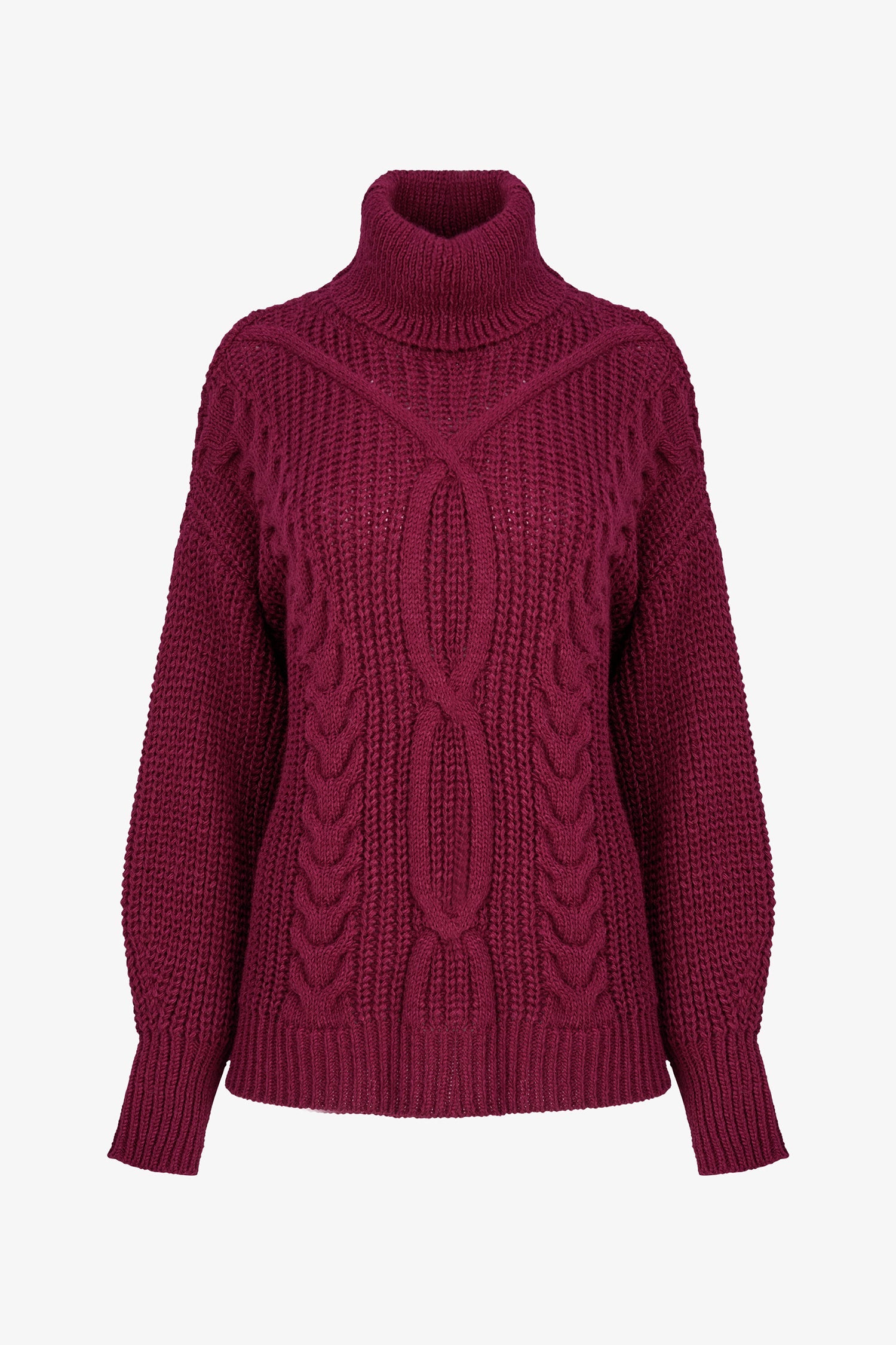 Women’s knit long sleeve turtle-neck sweater, with a front cable detailing