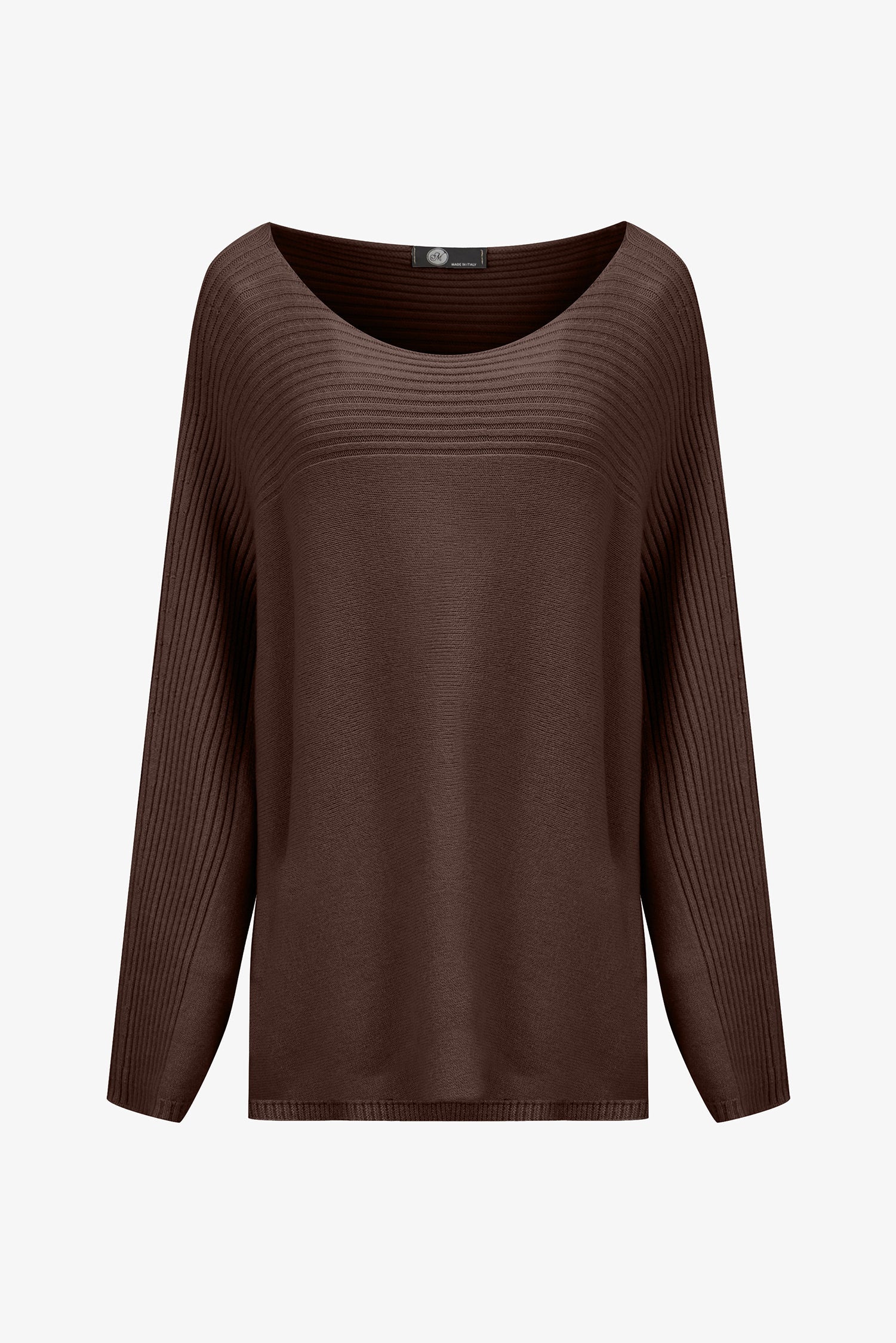 Women’s knit oversized boat-neck sweater, with a horizontal rib detailing and long sleeves