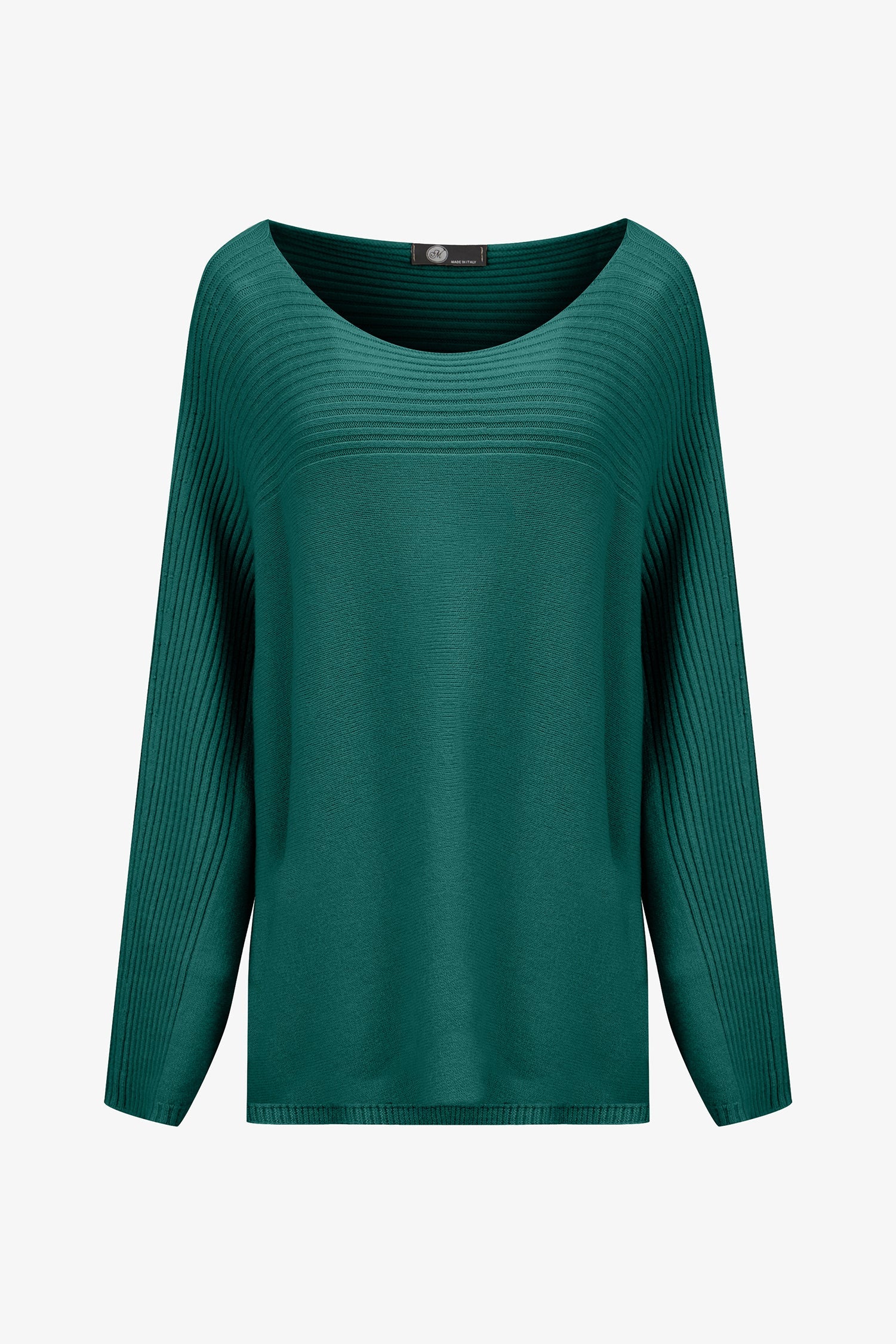 Women’s knit oversized boat-neck sweater, with a horizontal rib detailing and long sleeves