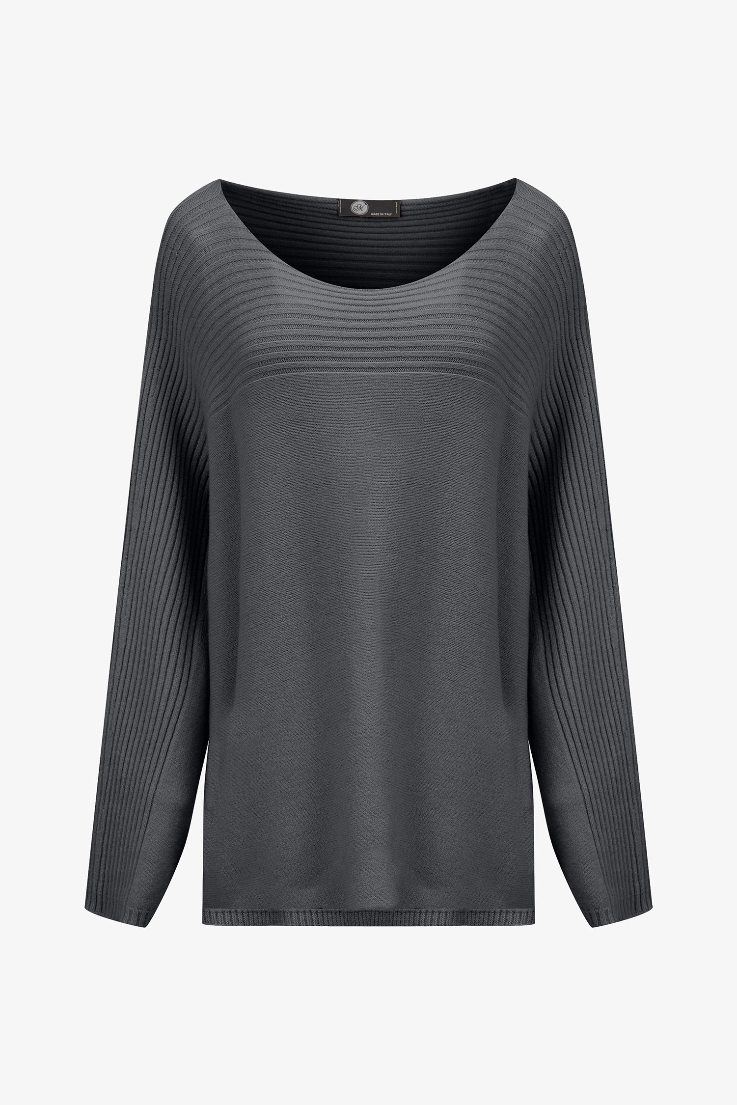 Women’s knit oversized boat-neck sweater, with a horizontal rib detailing and long sleeves