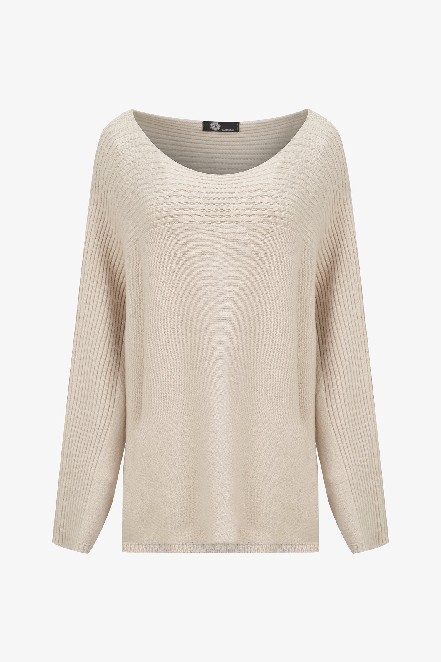 Women’s knit oversized boat-neck sweater, with a horizontal rib detailing and long sleeves