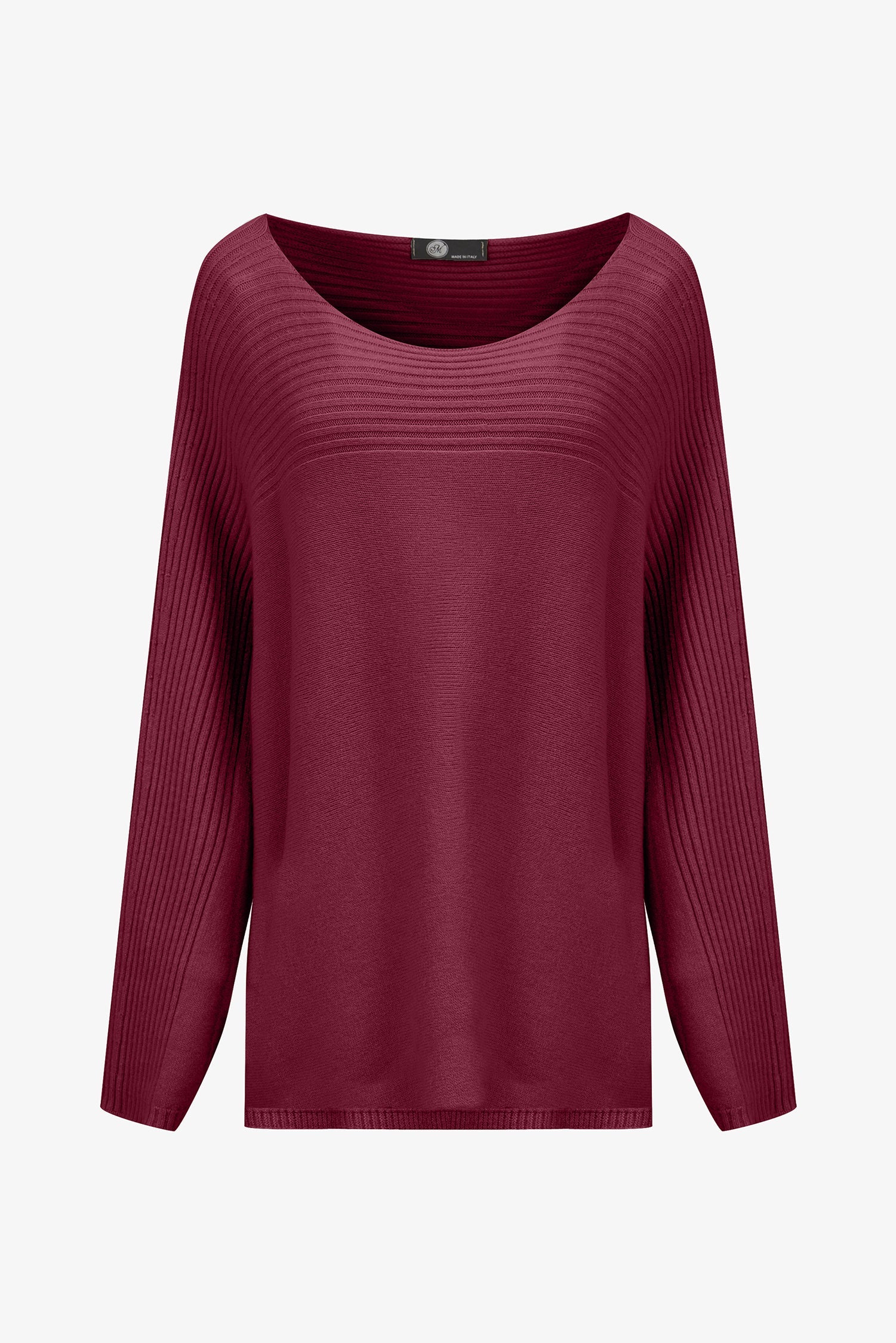 Women’s knit oversized boat-neck sweater, with a horizontal rib detailing and long sleeves