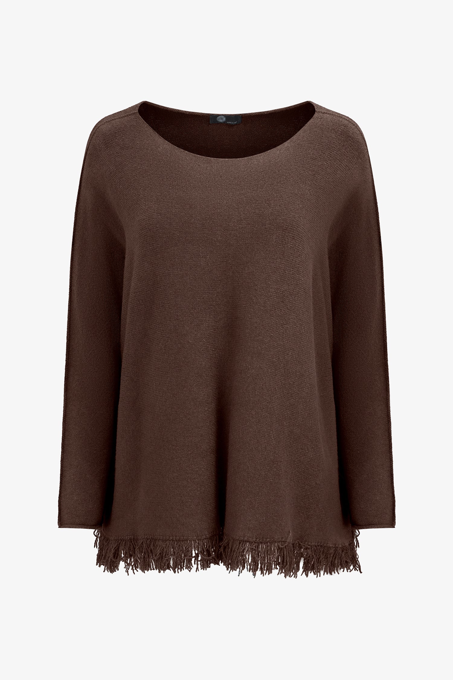 Women’s boat-neck long sleeve sweater, with fringe detailing at the hemline