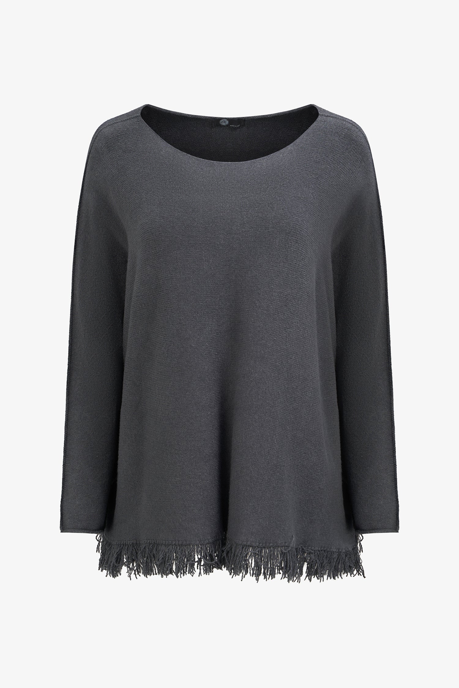 Women’s boat-neck long sleeve sweater, with fringe detailing at the hemline