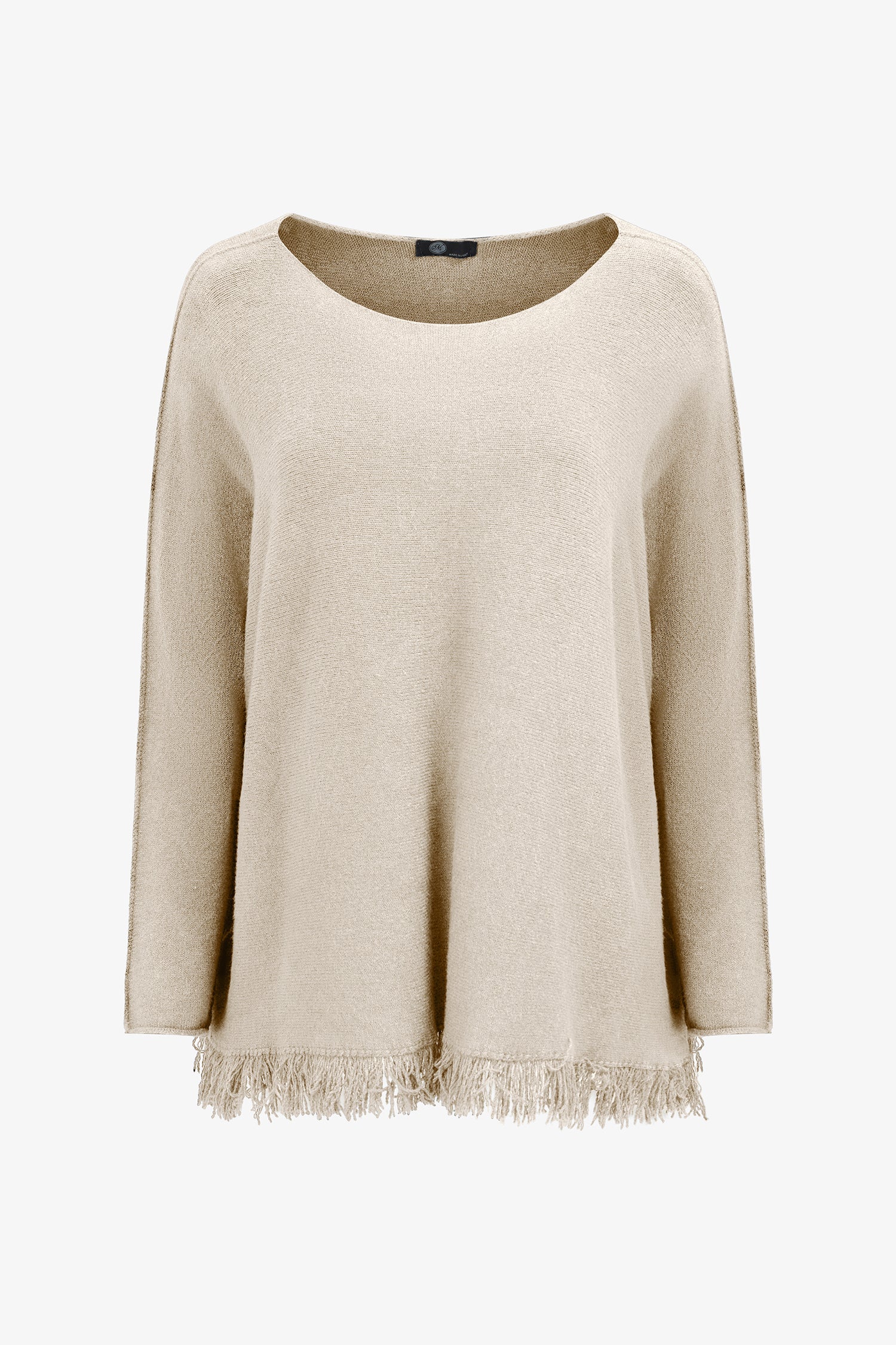 Women’s boat-neck long sleeve sweater, with fringe detailing at the hemline