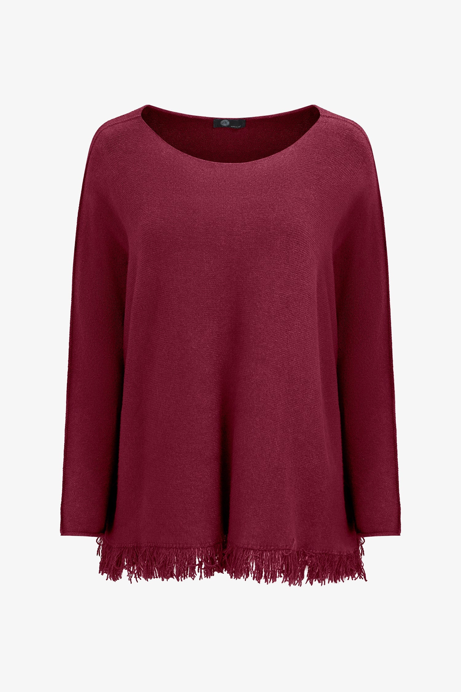 Women’s boat-neck long sleeve sweater, with fringe detailing at the hemline