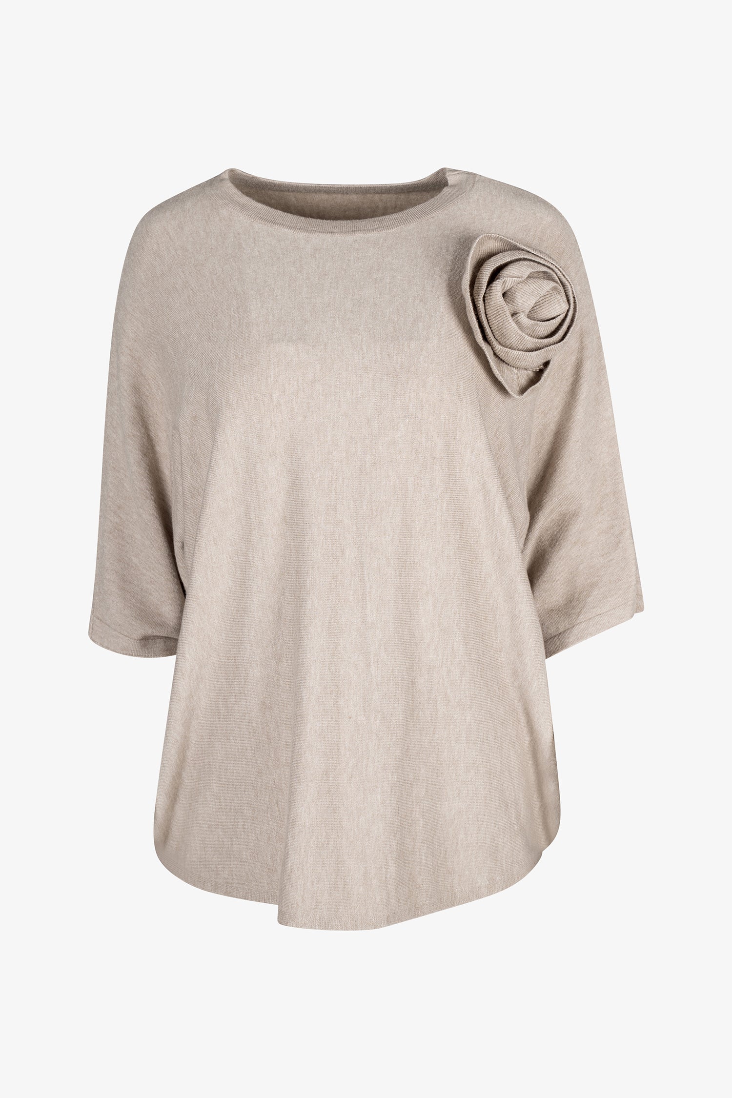 Women's knit short sleeve crew-neck sweater, with an attached flower detail