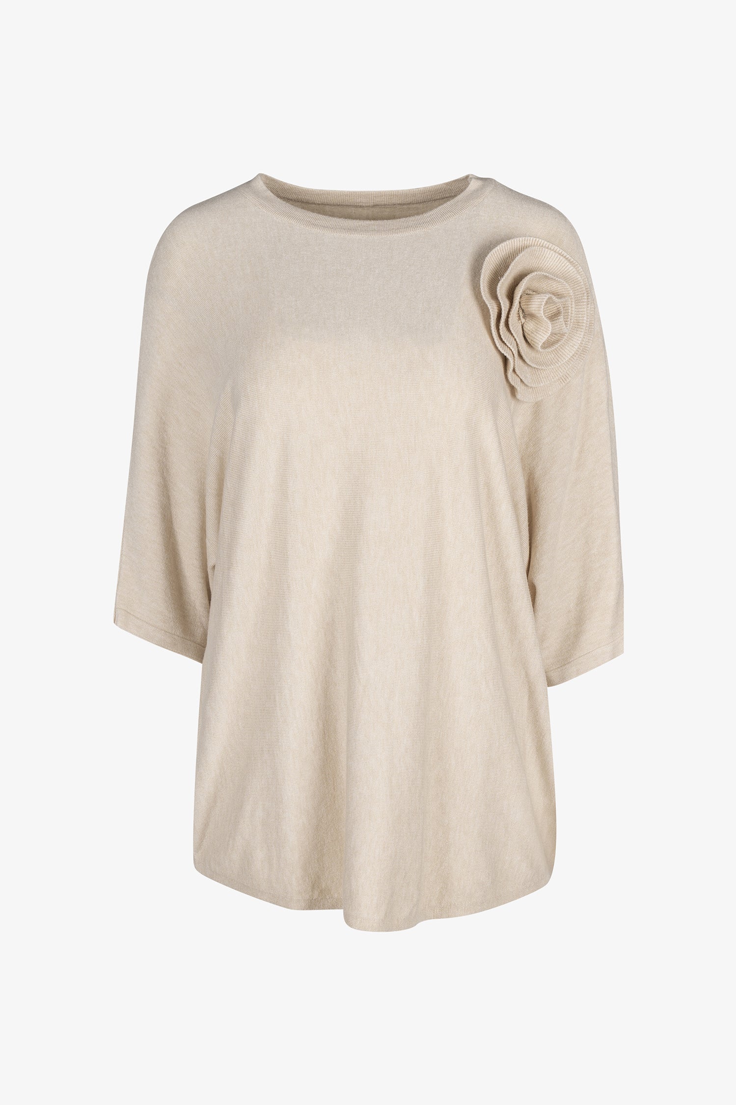 Women's knit short sleeve crew-neck sweater, with an attached flower detail