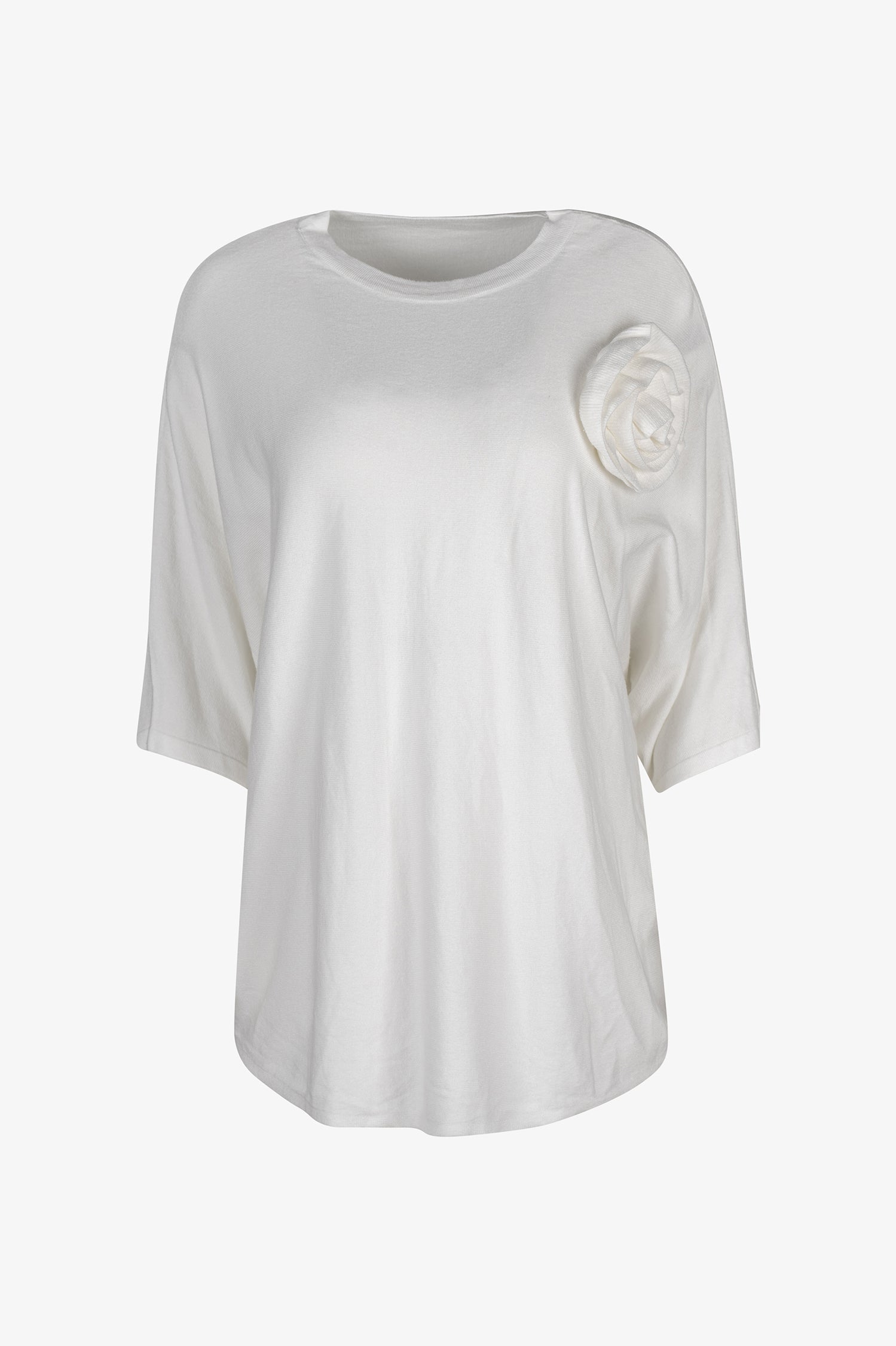 Women's knit short sleeve crew-neck sweater, with an attached flower detail