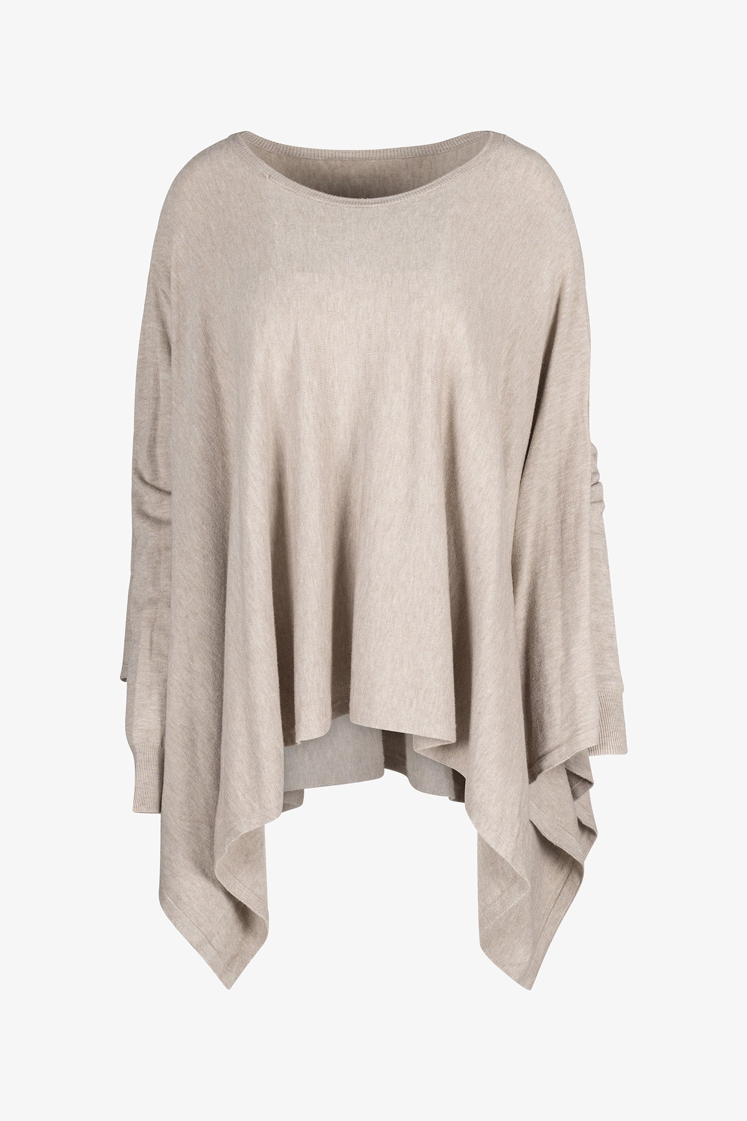 Women's knit oversized long sleeve wide-neck sweater, with an asymmetrical hem