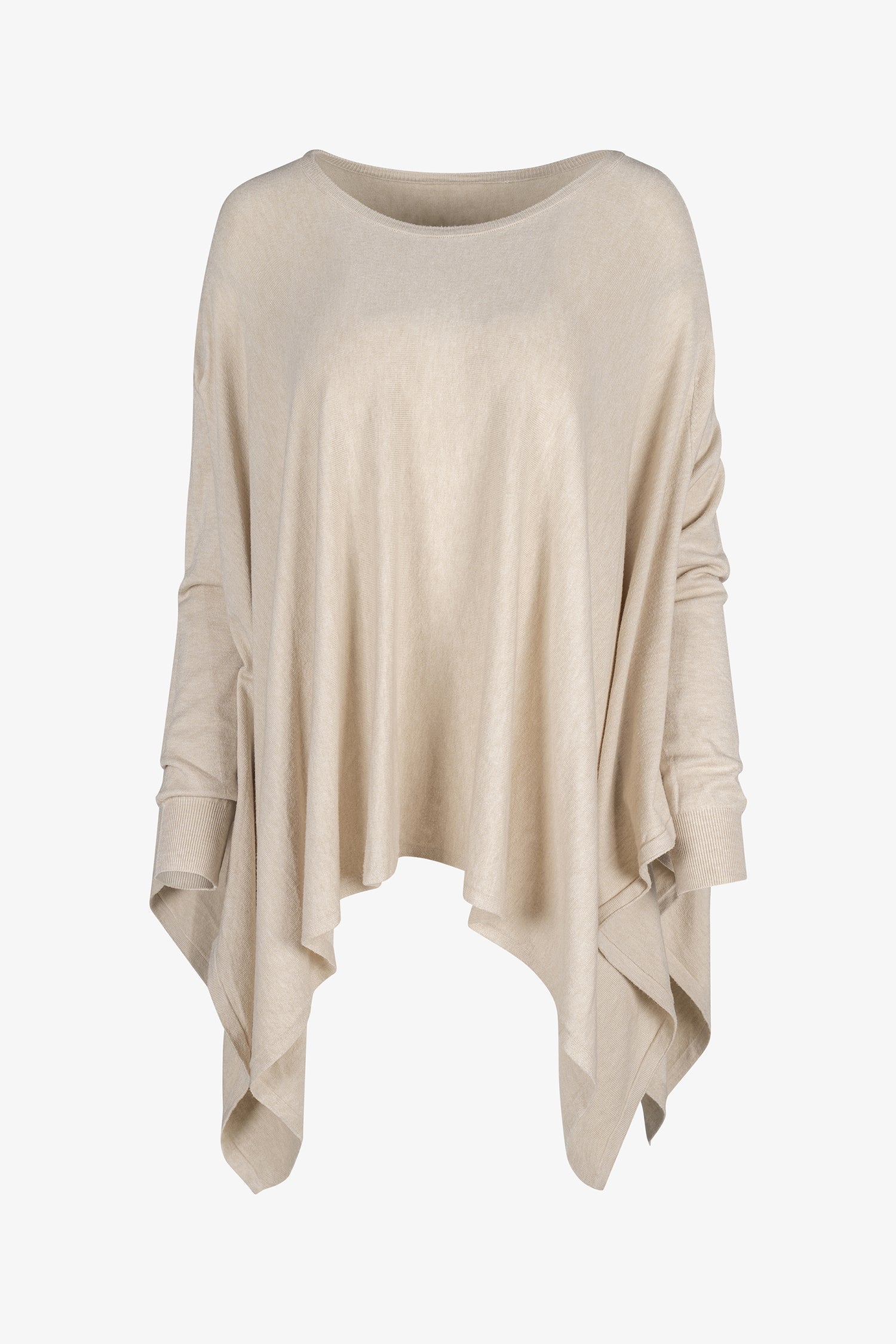 Women's knit oversized long sleeve wide-neck sweater, with an asymmetrical hem