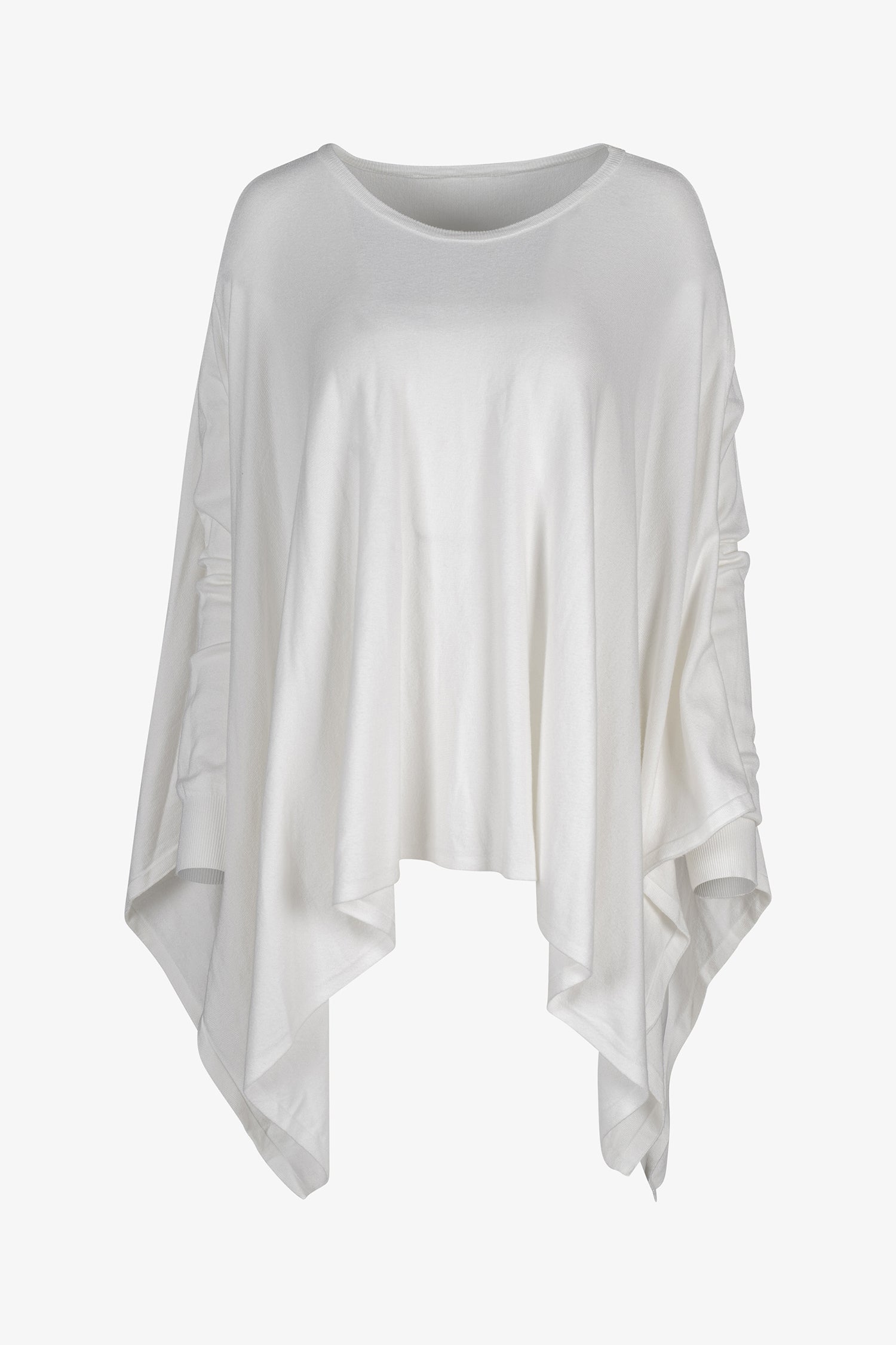 Women's knit oversized long sleeve wide-neck sweater, with an asymmetrical hem