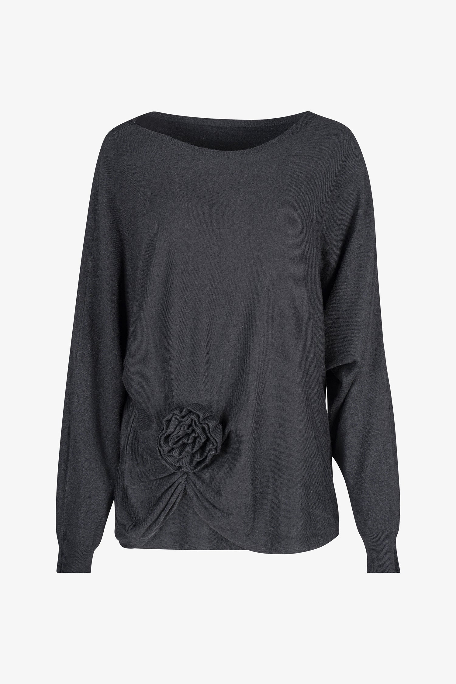 Women's knit long sleeve wide-neck sweater, with an attached flower detail