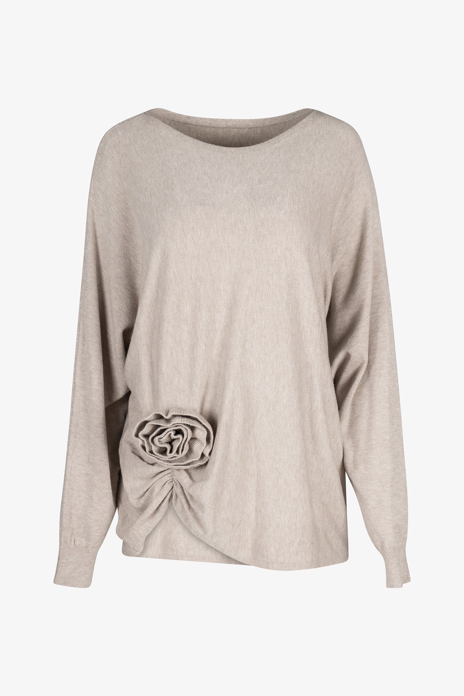 Women's knit long sleeve wide-neck sweater, with an attached flower detail