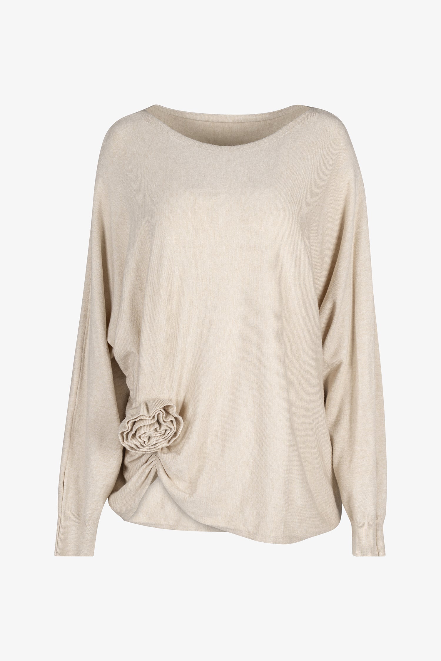 Women's knit long sleeve wide-neck sweater, with an attached flower detail