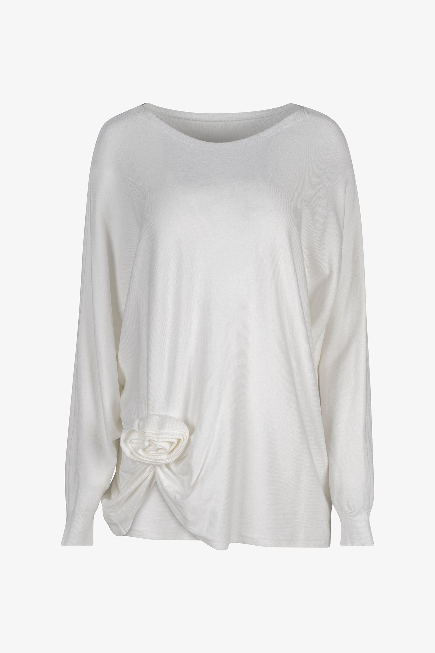 Women's knit long sleeve wide-neck sweater, with an attached flower detail