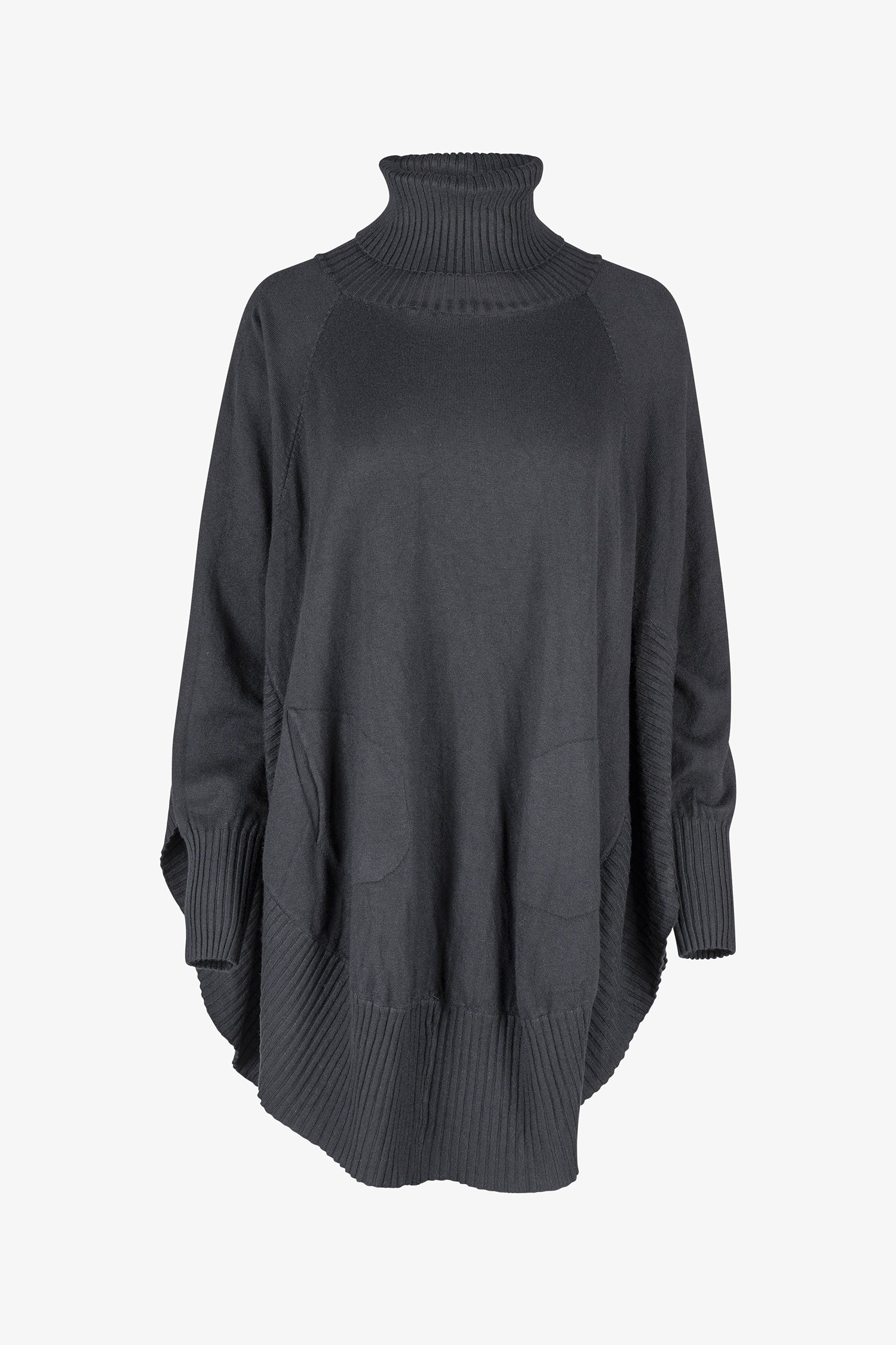 Women's knit oversized turtle-neck long sleeve sweater, with a scooped hemline