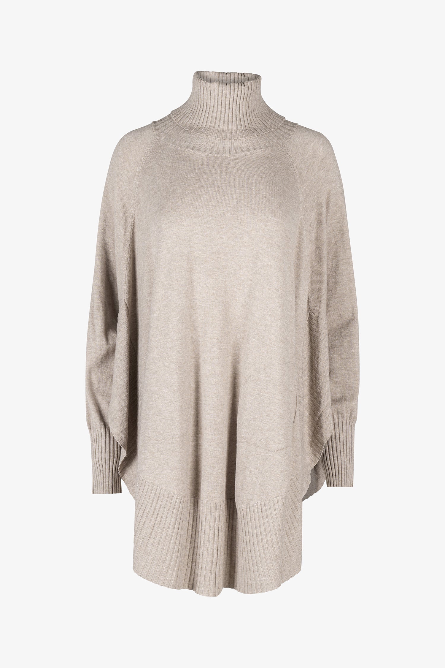 Women's knit oversized turtle-neck long sleeve sweater, with a scooped hemline