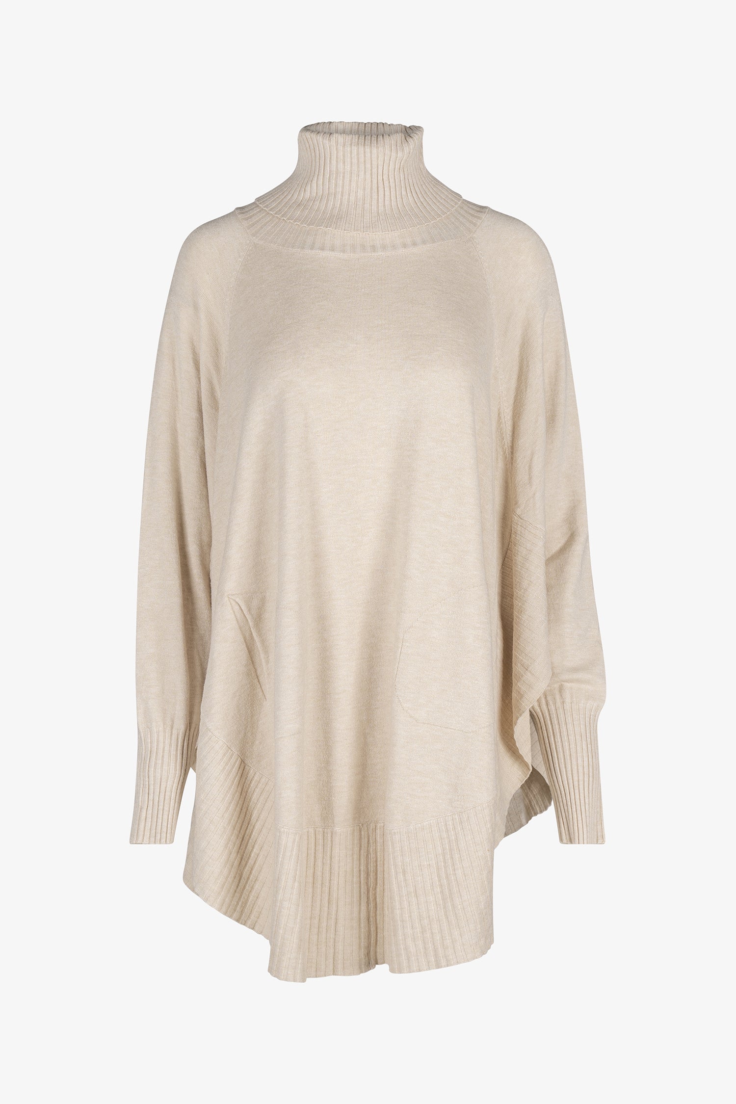 Women's knit oversized turtle-neck long sleeve sweater, with a scooped hemline