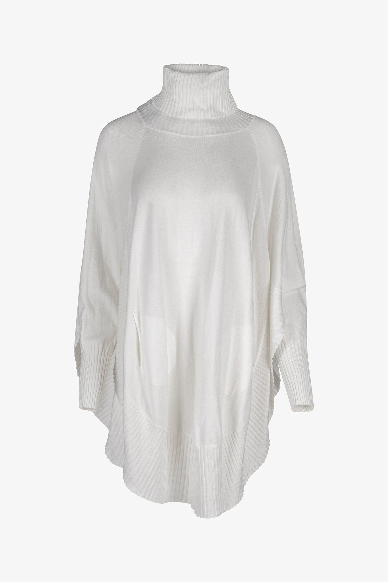 Women's knit oversized turtle-neck long sleeve sweater, with a scooped hemline