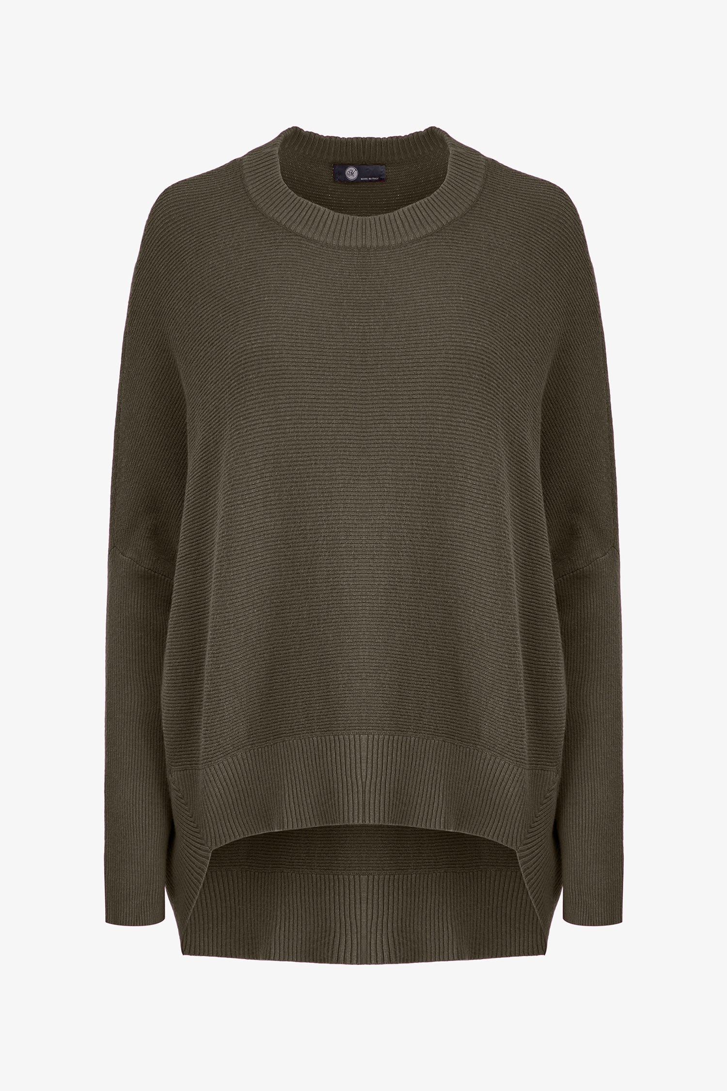 Women’s knit crew-neck sweater, with long sleeves, a dropped shoulder and a scooped hi-low hemline