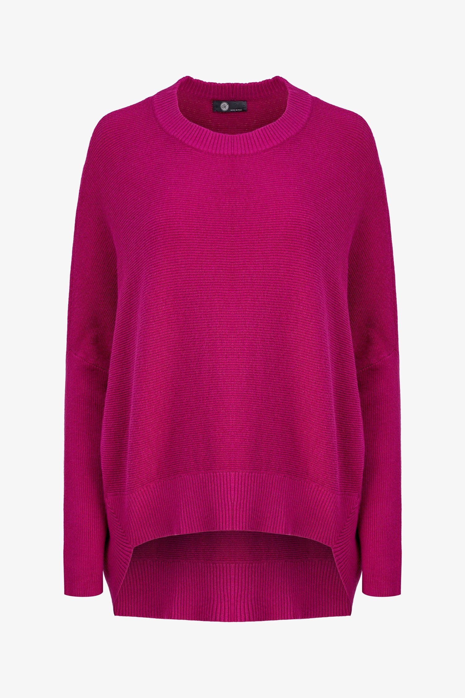 Women’s knit crew-neck sweater, with long sleeves, a dropped shoulder and a scooped hi-low hemline