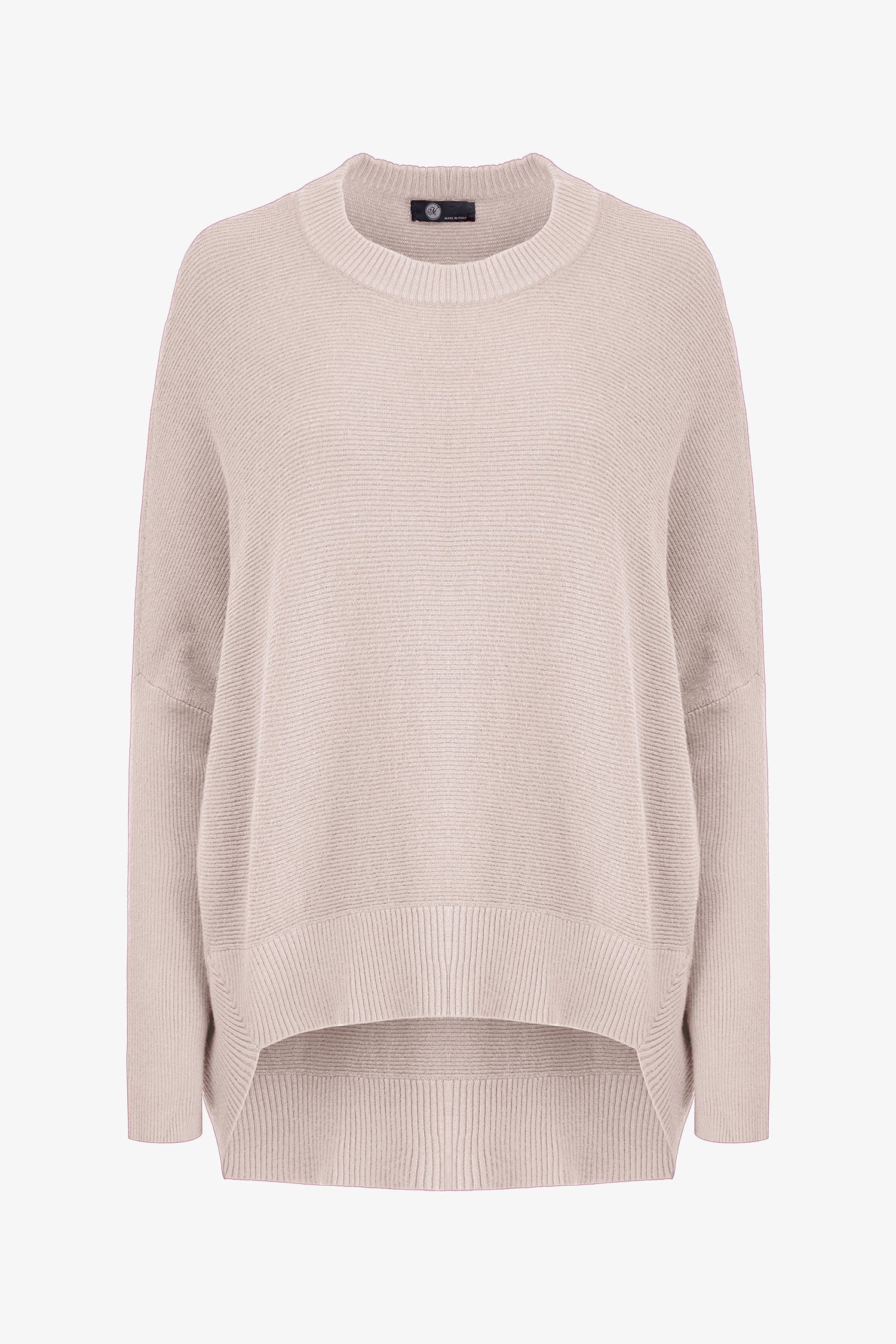 Women’s knit crew-neck sweater, with long sleeves, a dropped shoulder and a scooped hi-low hemline