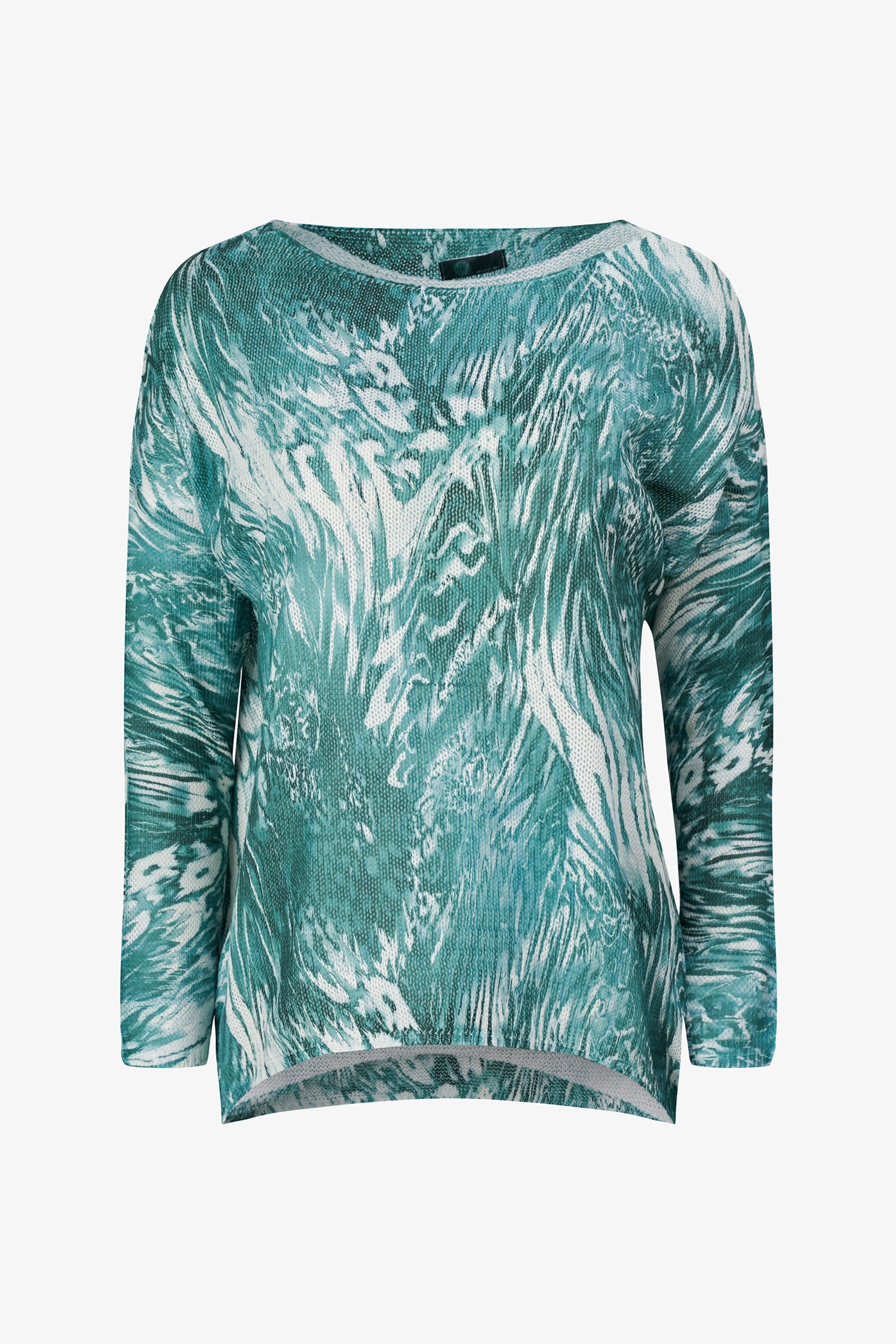 Women's knit boat-neck sweater, with long sleeves and a shark-bite hemline