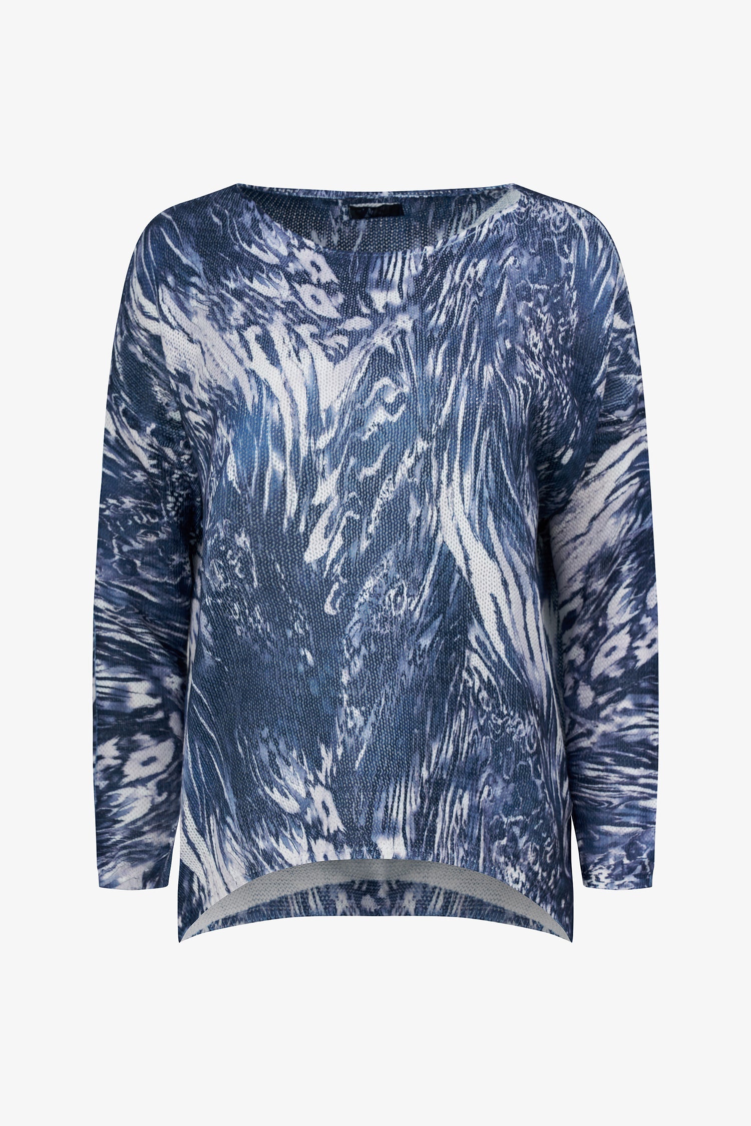 Women's knit boat-neck sweater, with long sleeves and a shark-bite hemline