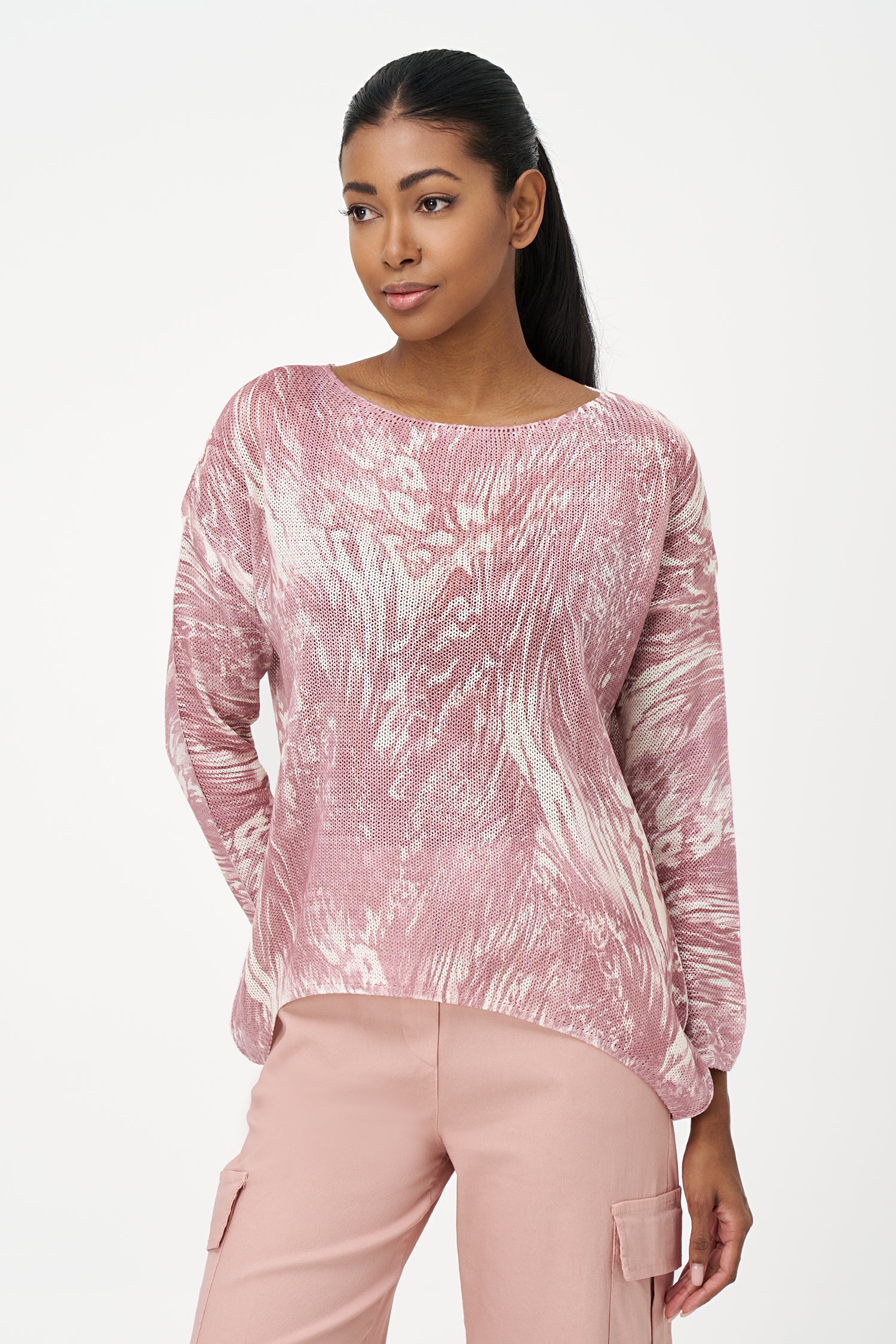 Women's knit boat-neck sweater, with long sleeves and a shark-bite hemline