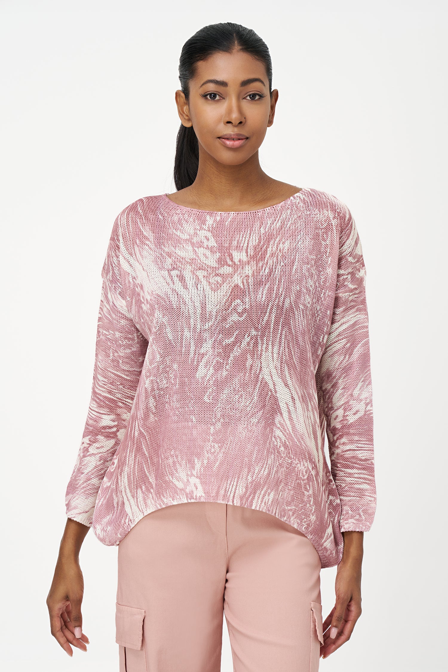 Women's knit boat-neck sweater, with long sleeves and a shark-bite hemline