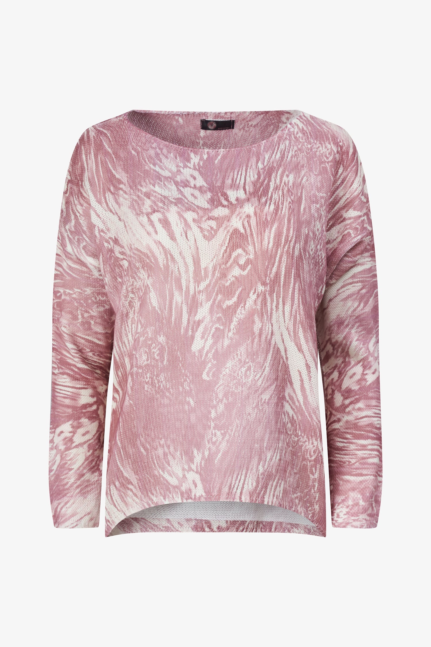 Women's knit boat-neck sweater, with long sleeves and a shark-bite hemline