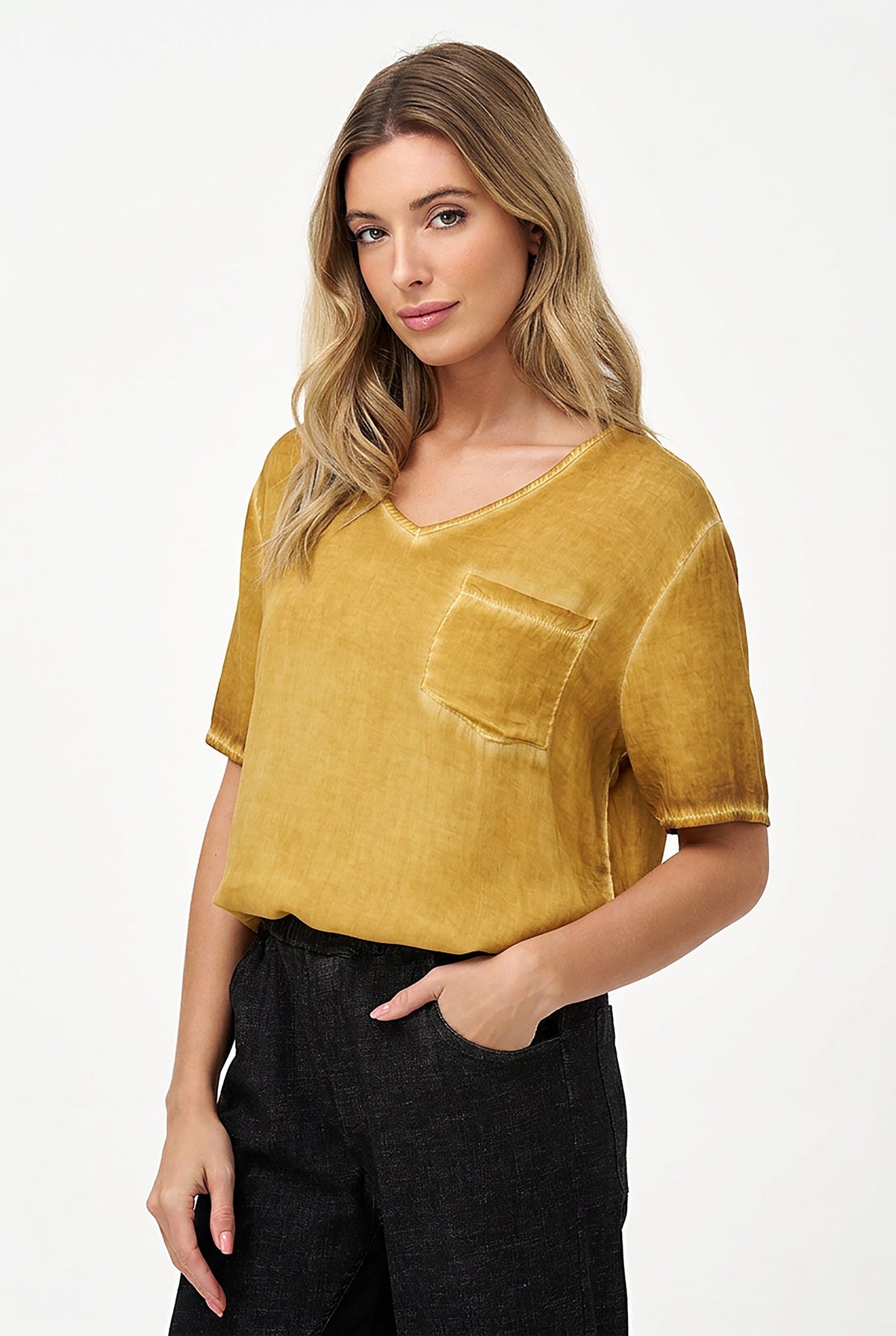 Women's Woven V-Neck Top, Elbow-Length Sleeves & Chest Patch Pocket